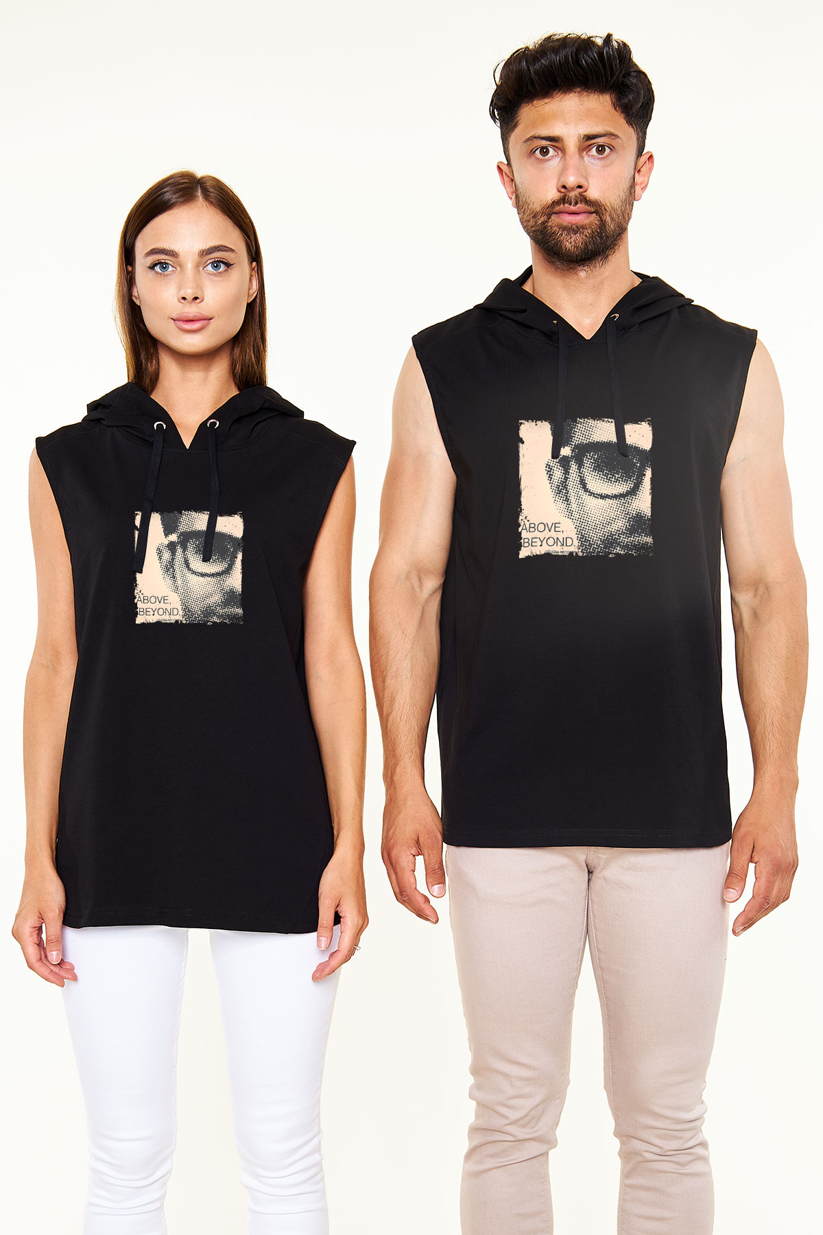 Above and Beyond Baskılı Unisex Siyah Kapüşonlu Kolsuz Tişört