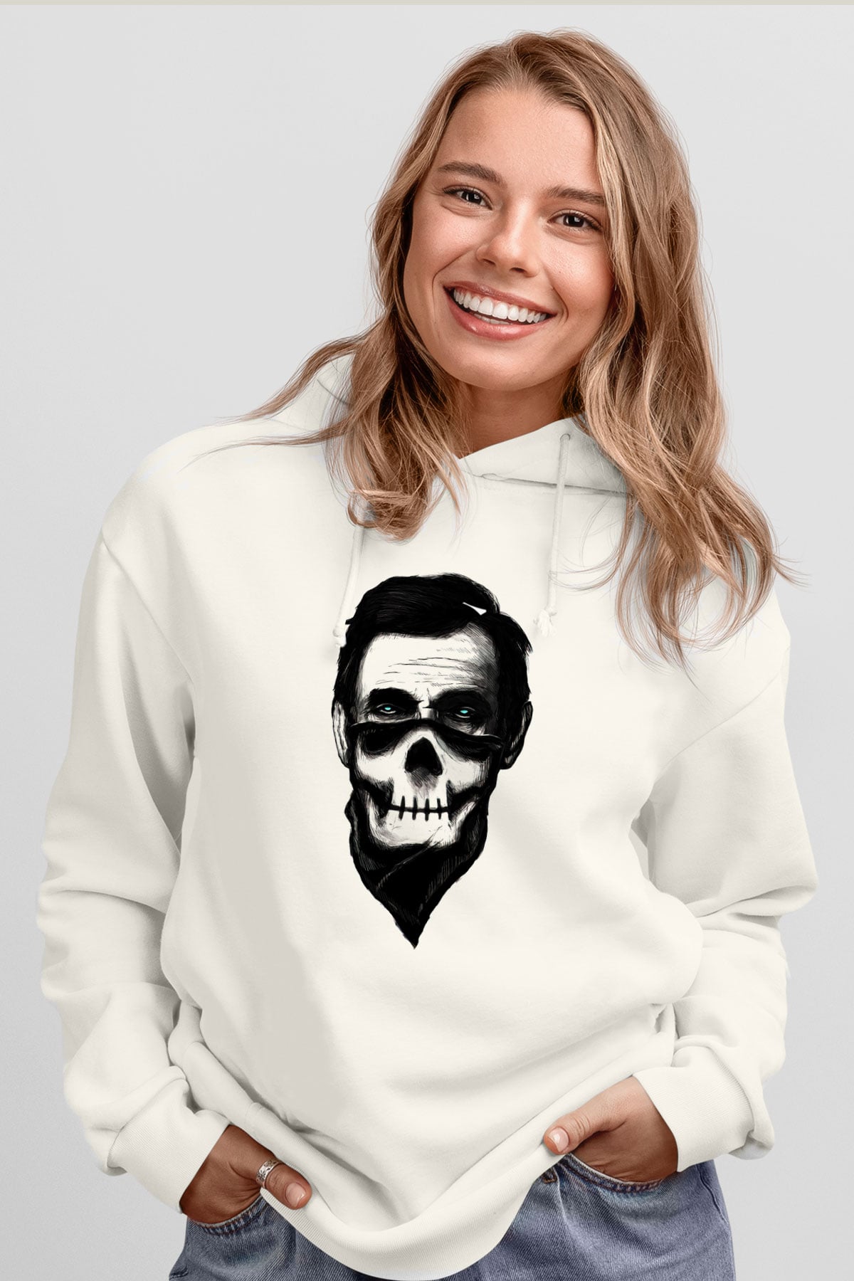 Abraham Lincoln Beyaz Unisex Kapşonlu Sweatshirt