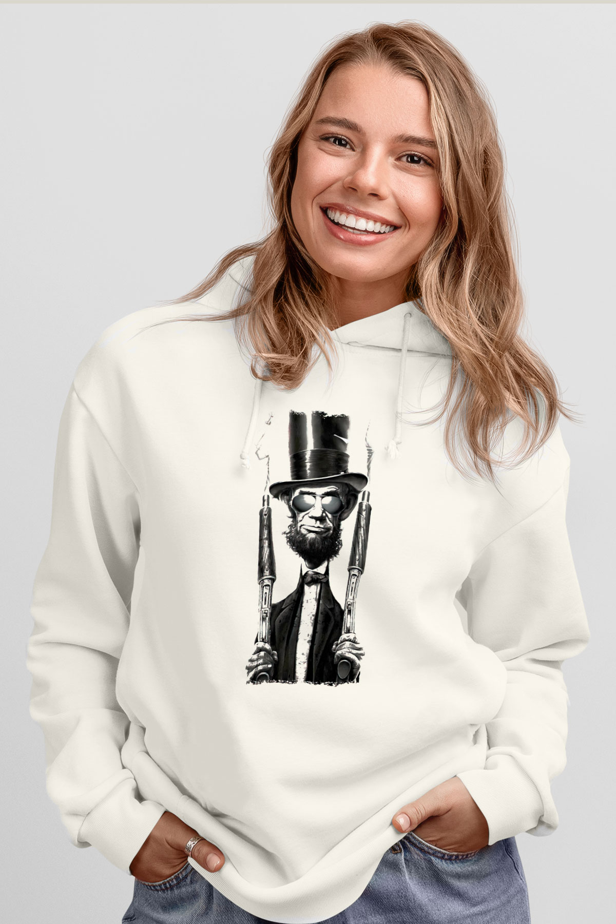 Abraham Lincoln Beyaz Unisex Kapüşonlu Sweatshirt
