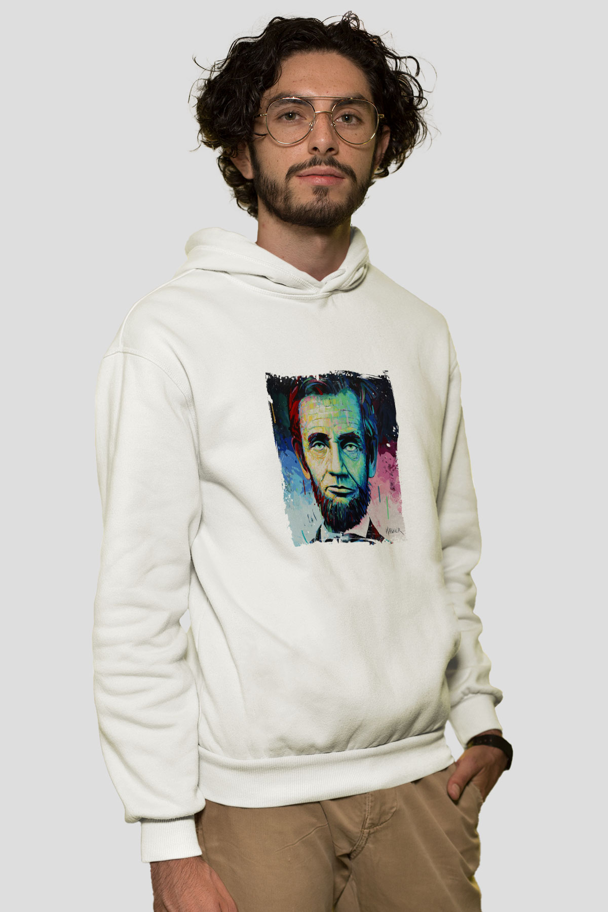 Abraham Lincoln Unisex Baskılı Beyaz Kapüşonlu Sweatshirt
