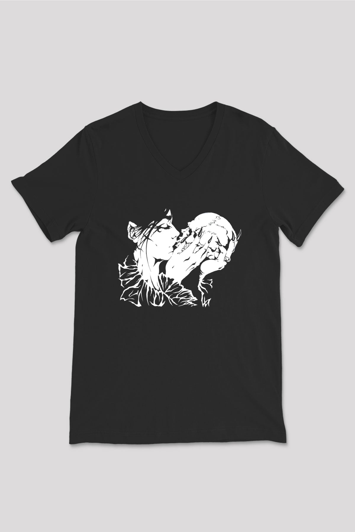 Abruptum Baskılı Unisex Siyah V Yaka Tişört - Tshirt