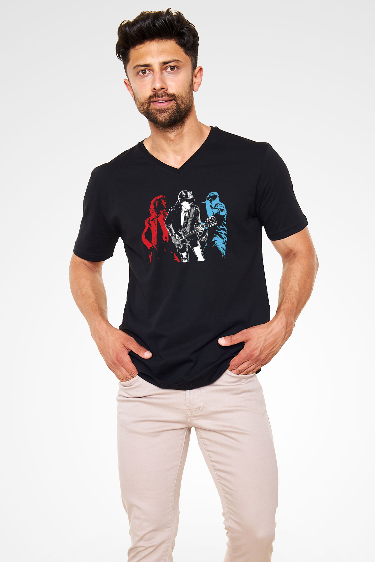 AC DC Angus Young Siyah Unisex V Yaka Tişört T-Shirt