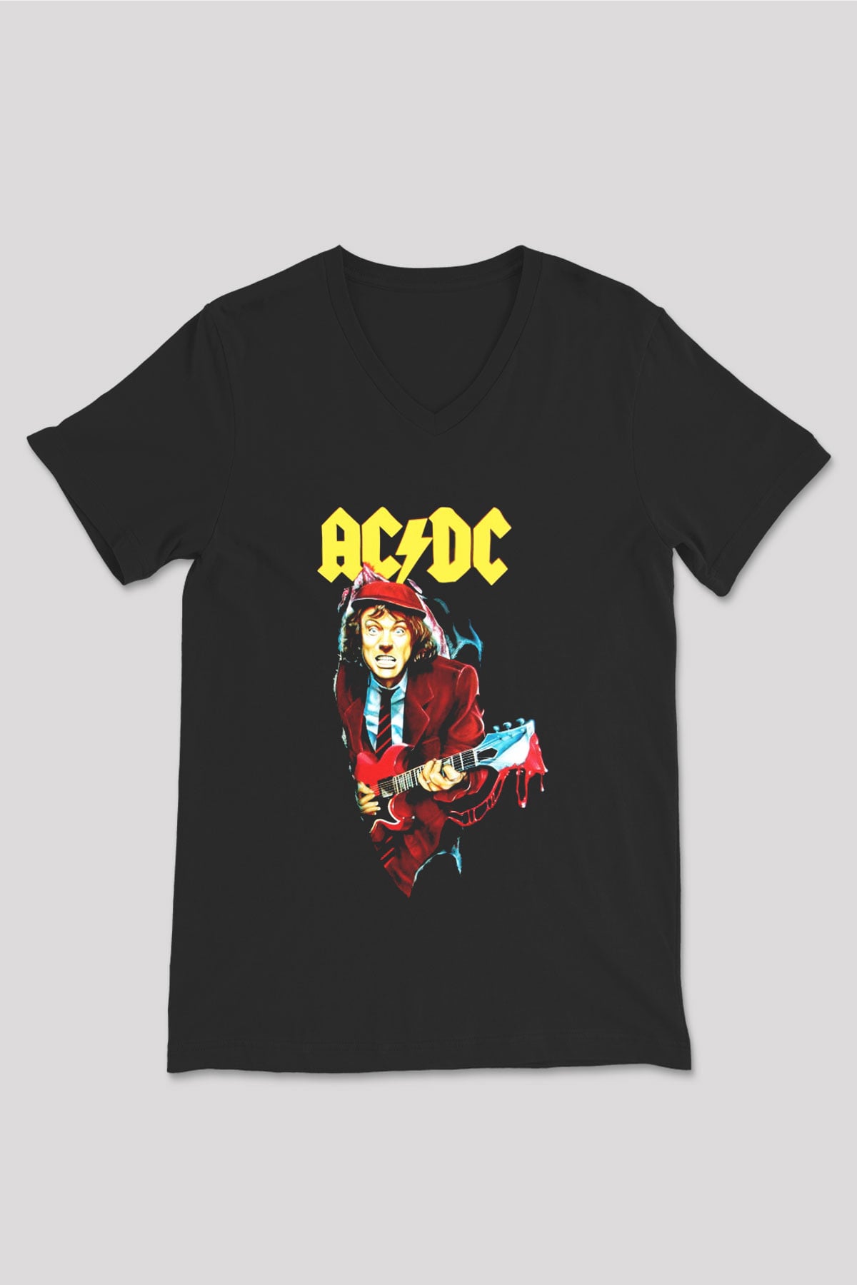 AC DC Angus Young Siyah Unisex V Yaka Tişört T-Shirt
