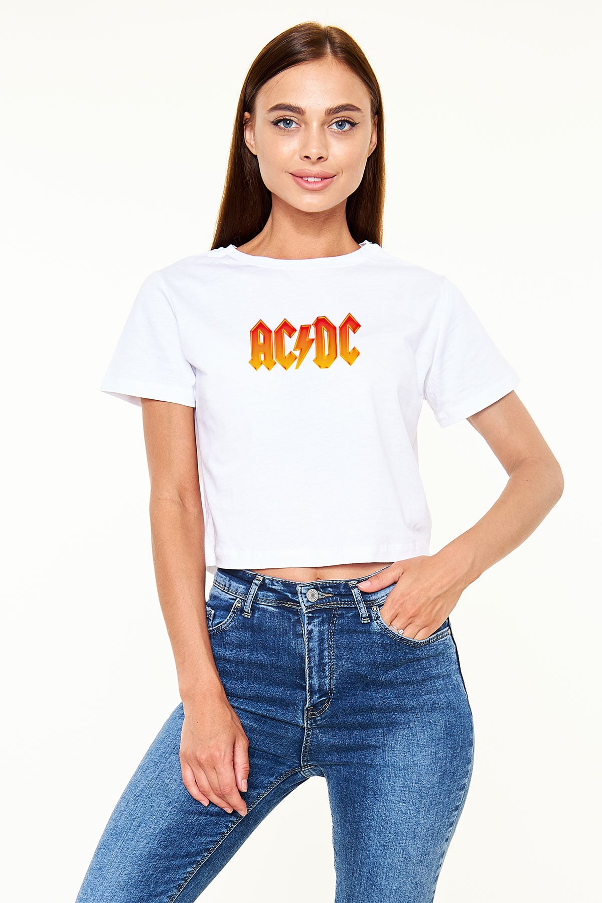 ACDC Baskılı Unisex Beyaz Crop Top Tişört