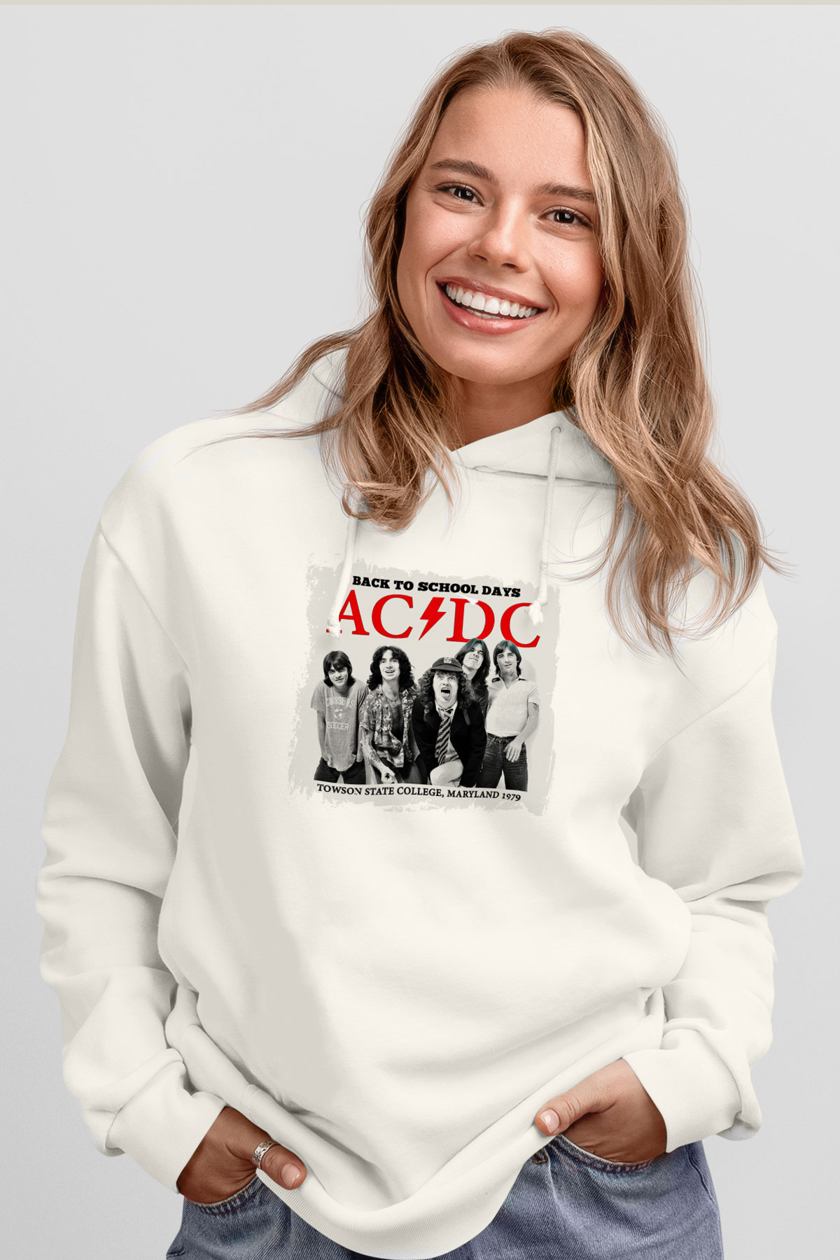 ACDC Baskılı Unisex Beyaz Hoodie