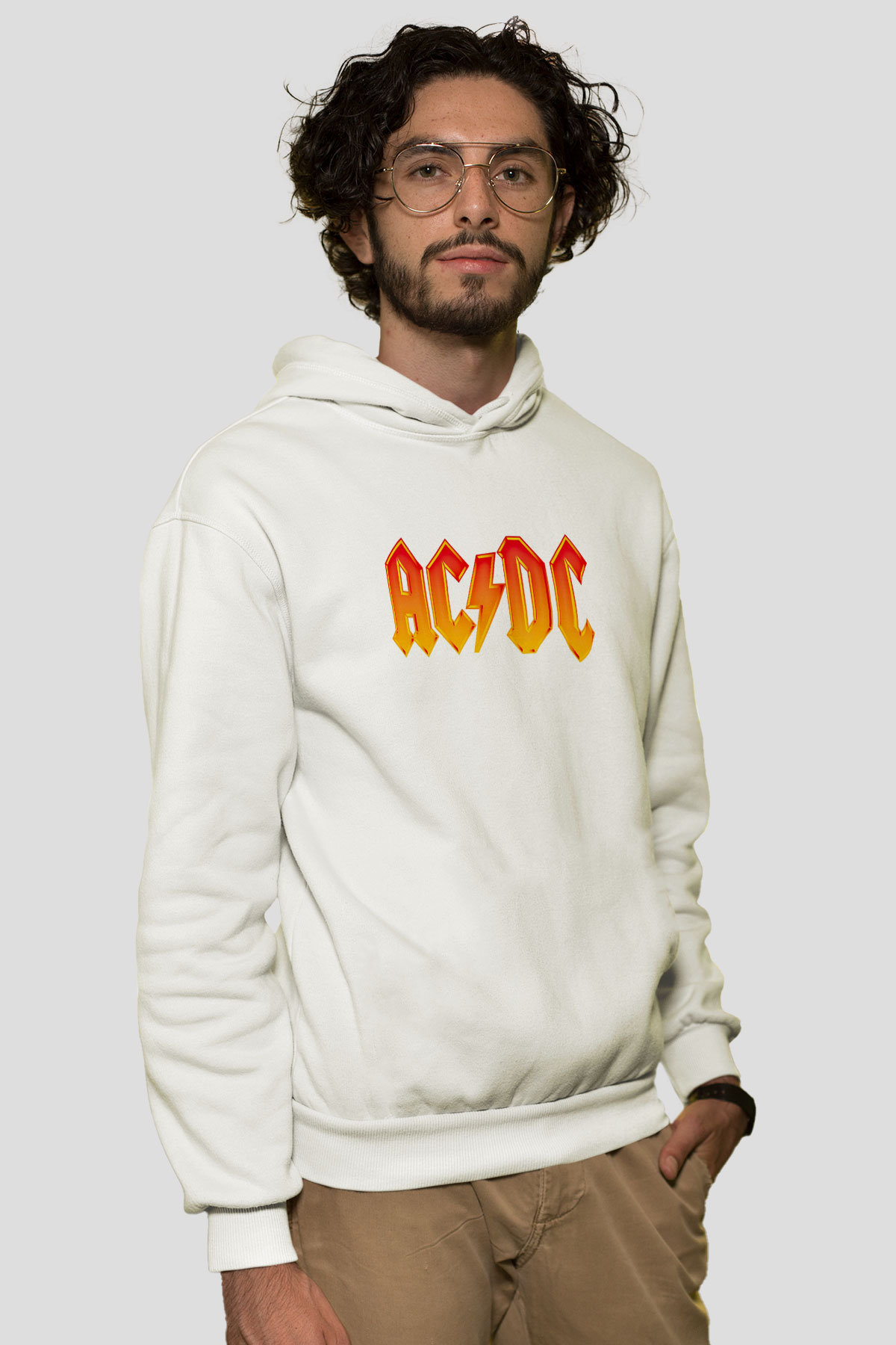 ACDC Baskılı Unisex Beyaz Hoodie