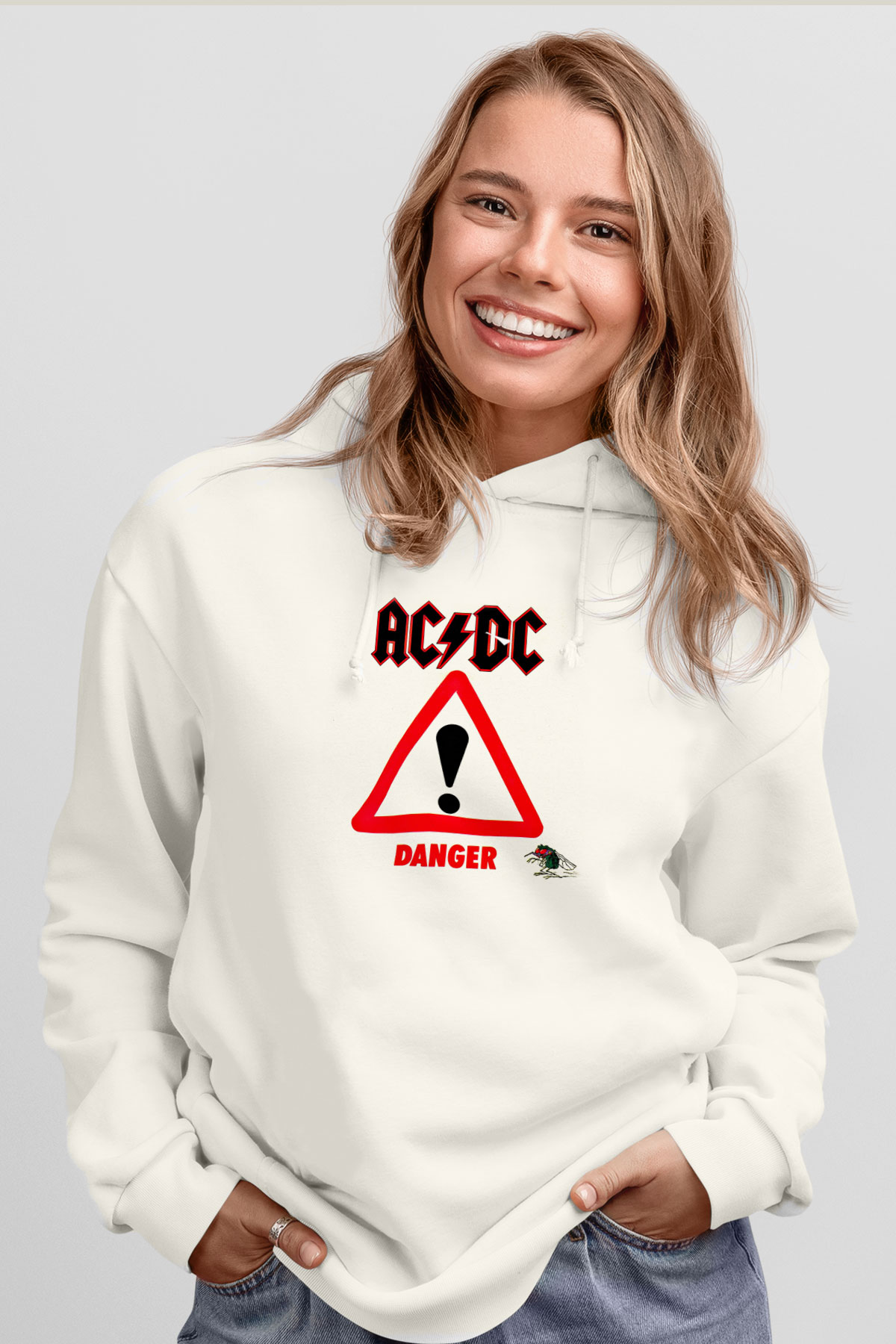 ACDC Baskılı Unisex Beyaz Hoodie