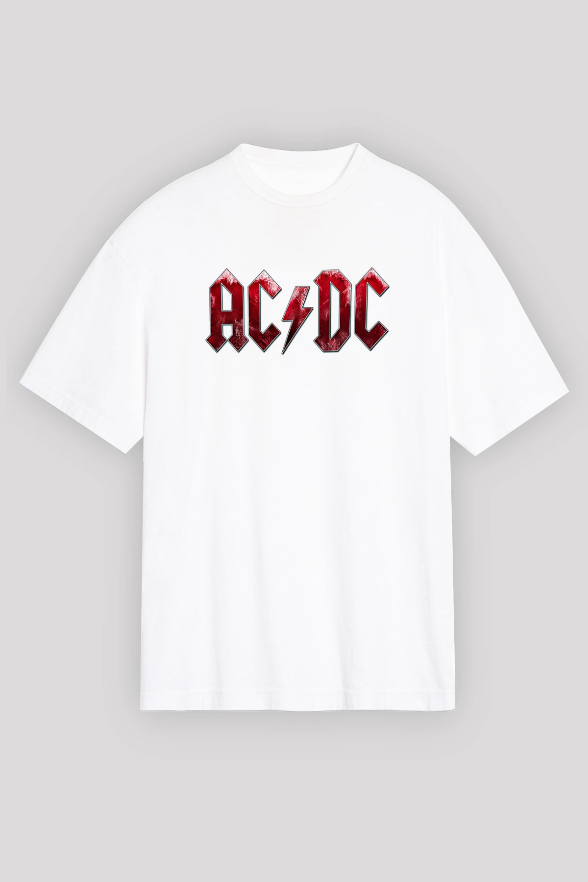 ACDC Baskılı Unisex Beyaz Oversize Tişört