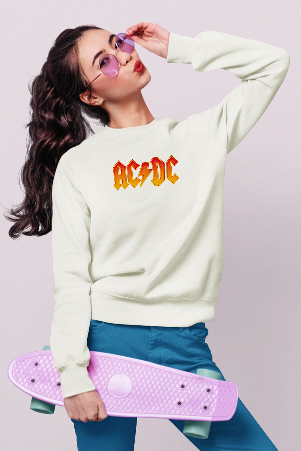 ACDC Baskılı Unisex Beyaz Sweatshirt