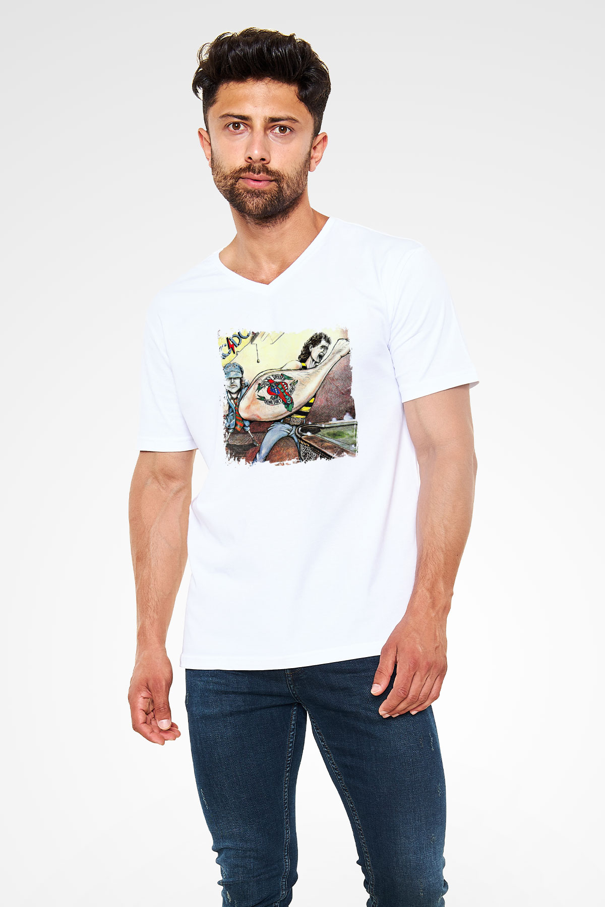 ACDC Baskılı Unisex Beyaz V Yaka Tişört