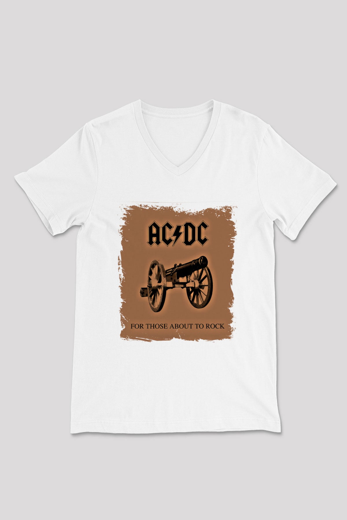 ACDC Baskılı Unisex Beyaz V Yaka Tişört
