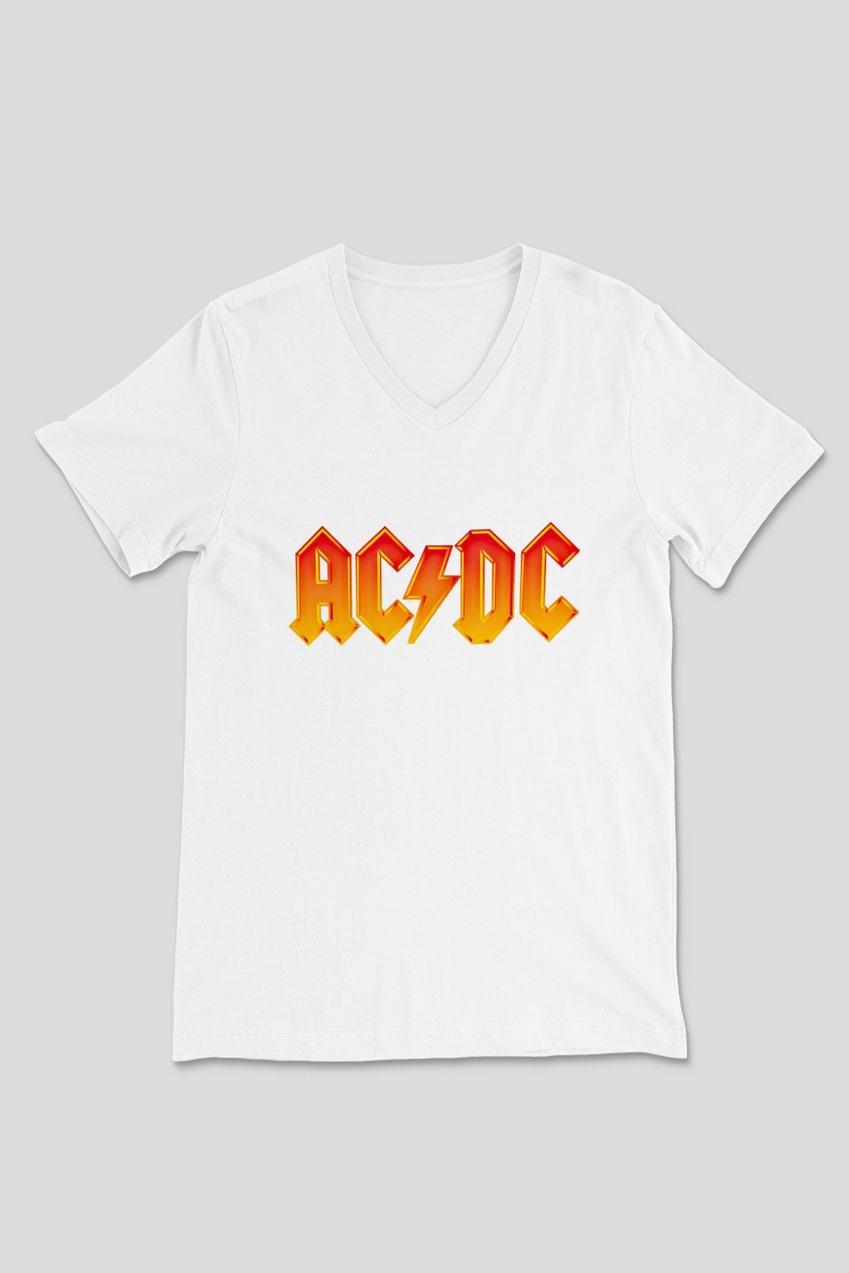 ACDC Baskılı Unisex Beyaz V Yaka Tişört
