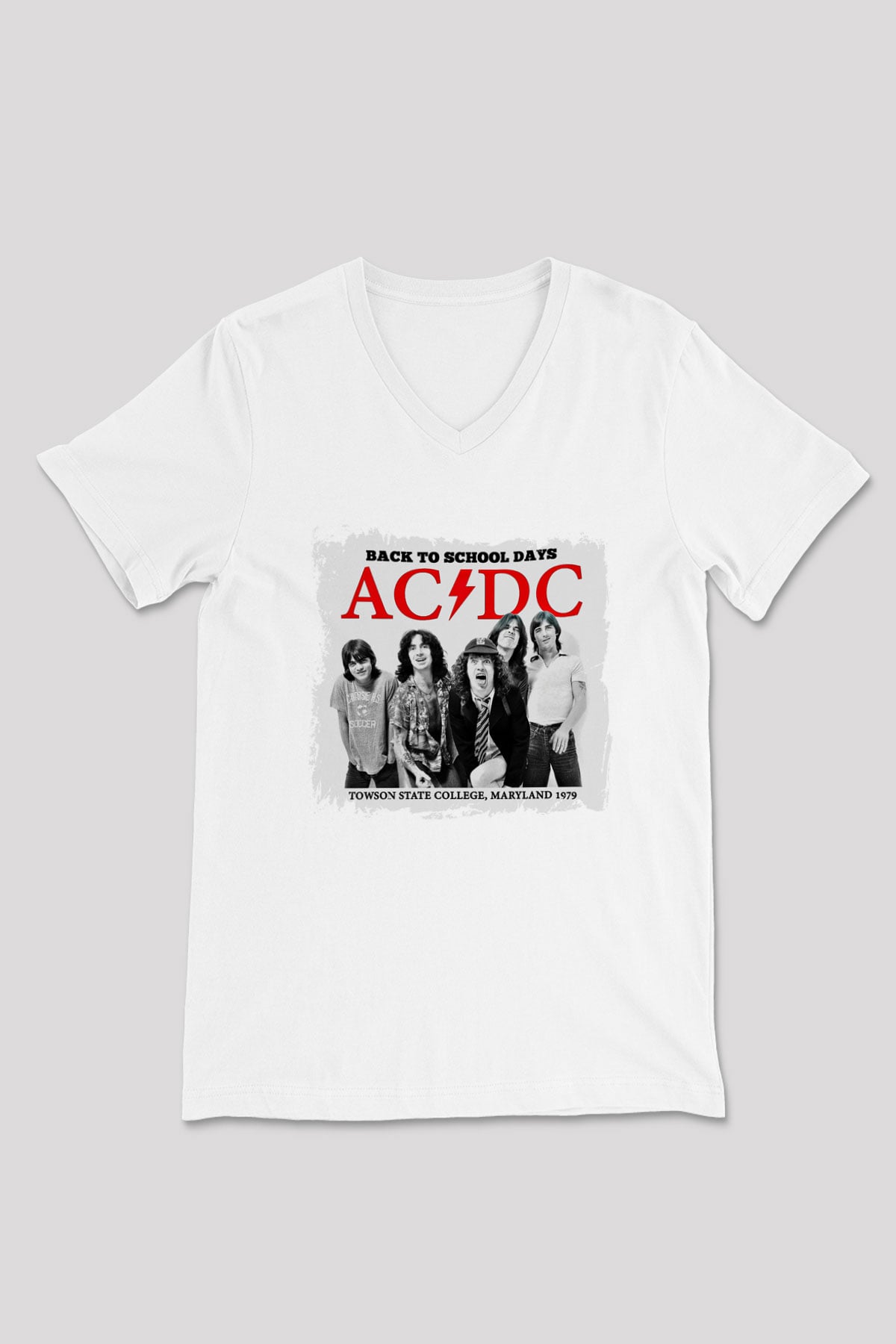 ACDC Baskılı Unisex Beyaz V Yaka Tişört