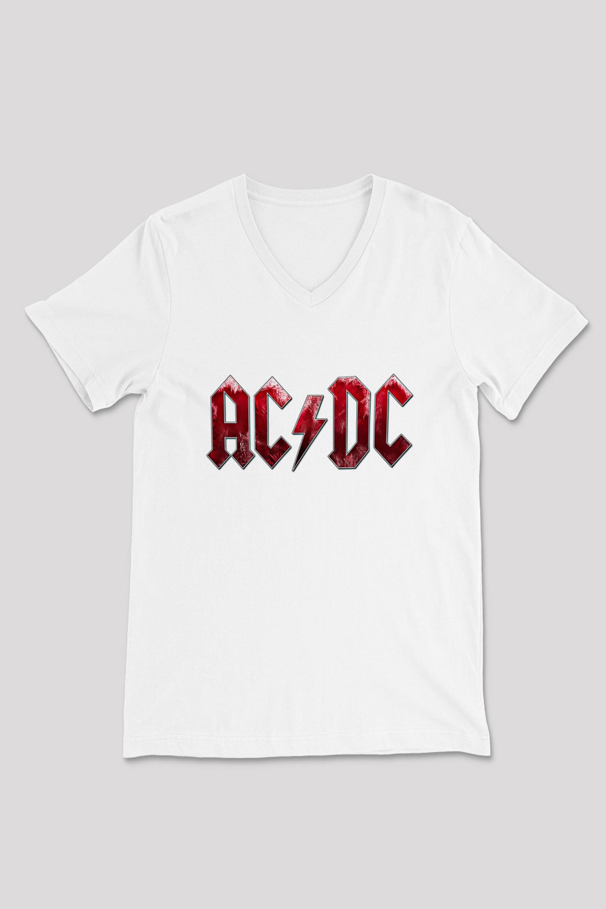 ACDC Baskılı Unisex Beyaz V Yaka Tişört