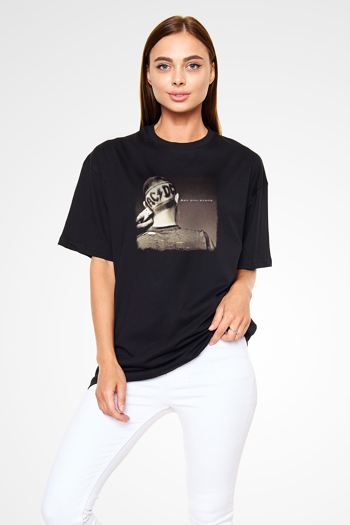 ACDC Baskılı Unisex Siyah Oversize Tişört