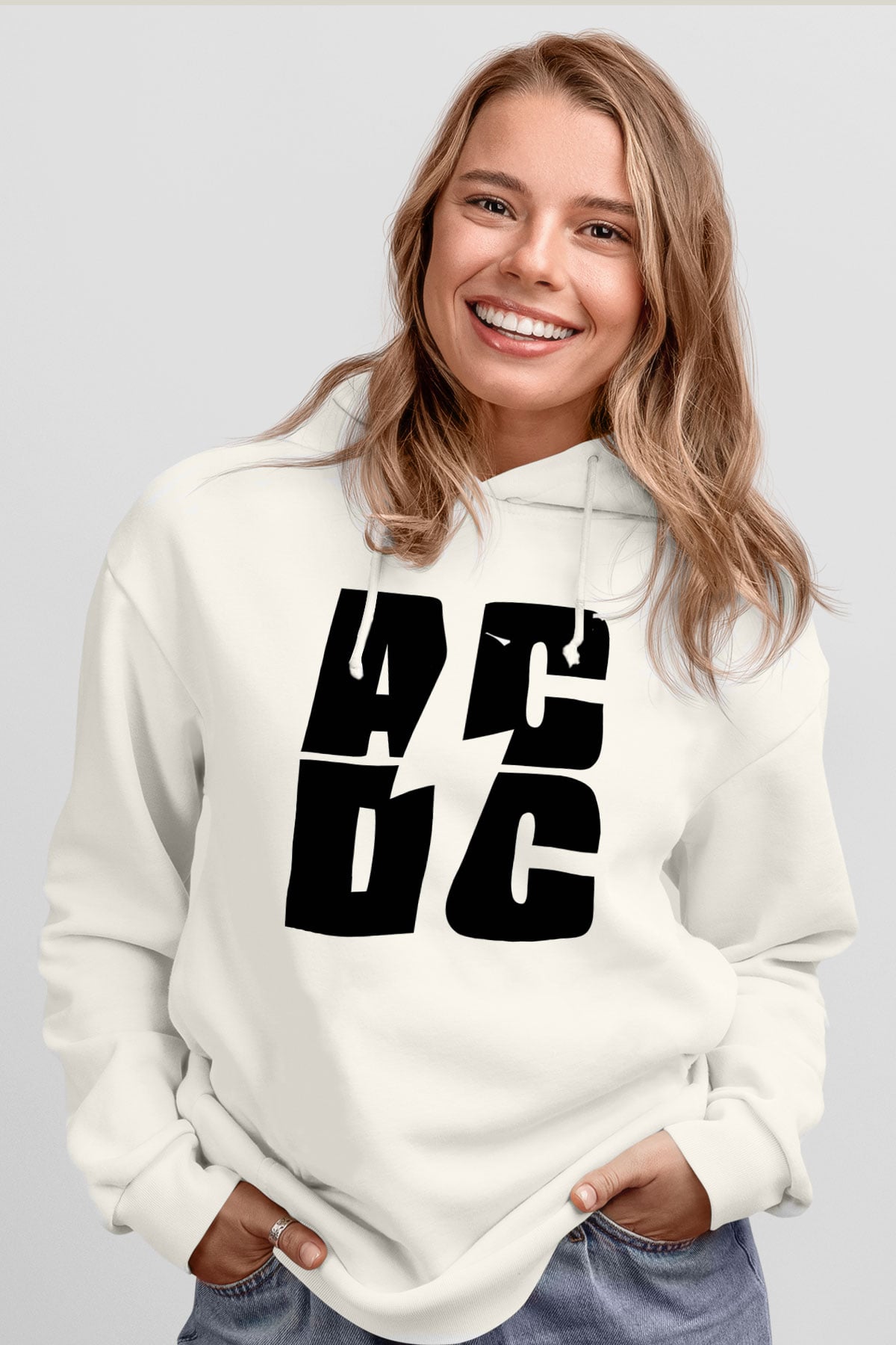AC DC Beyaz Unisex Kapşonlu Sweatshirt