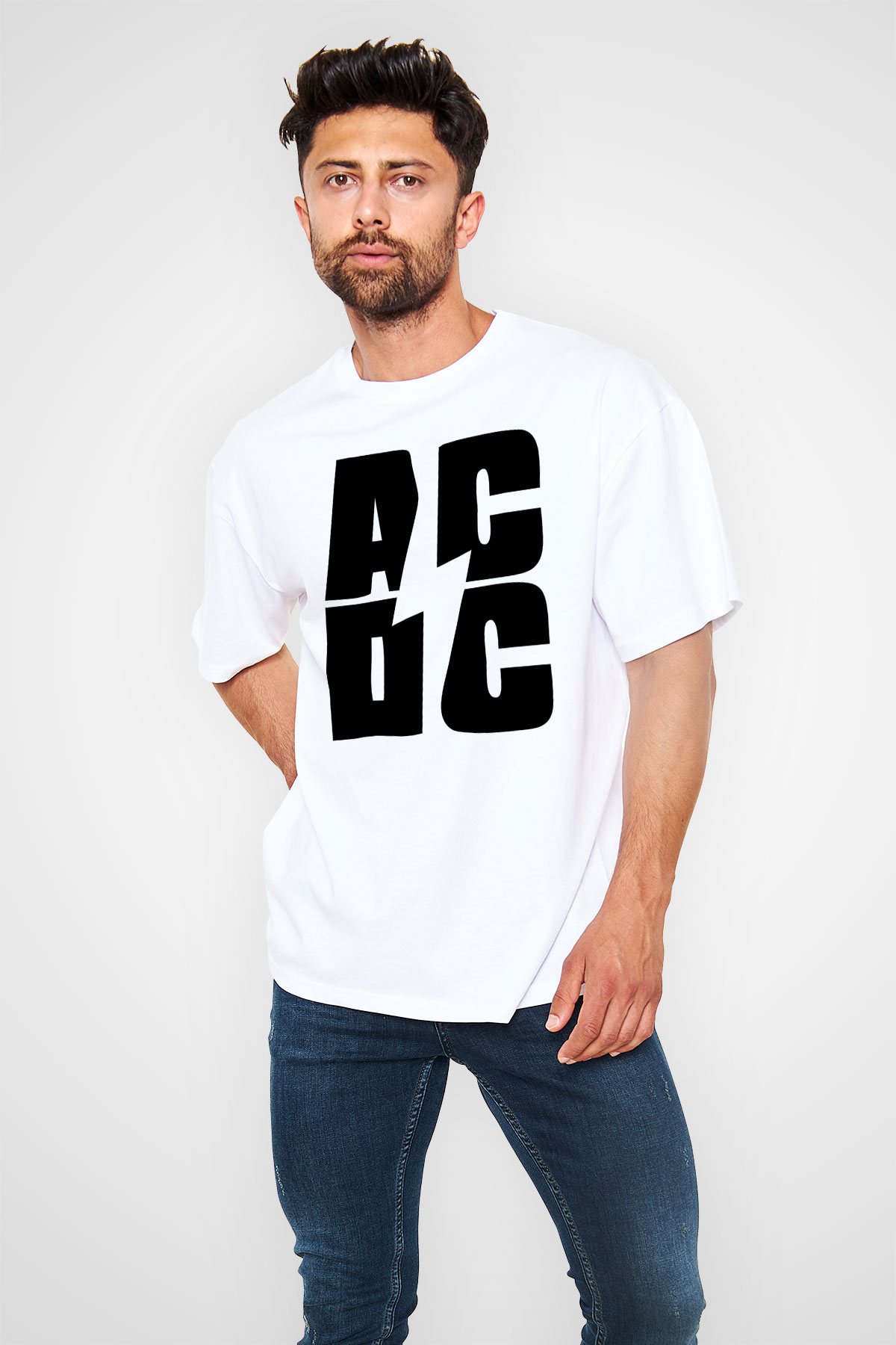 AC DC Beyaz Unisex Oversize Tişört T-Shirt