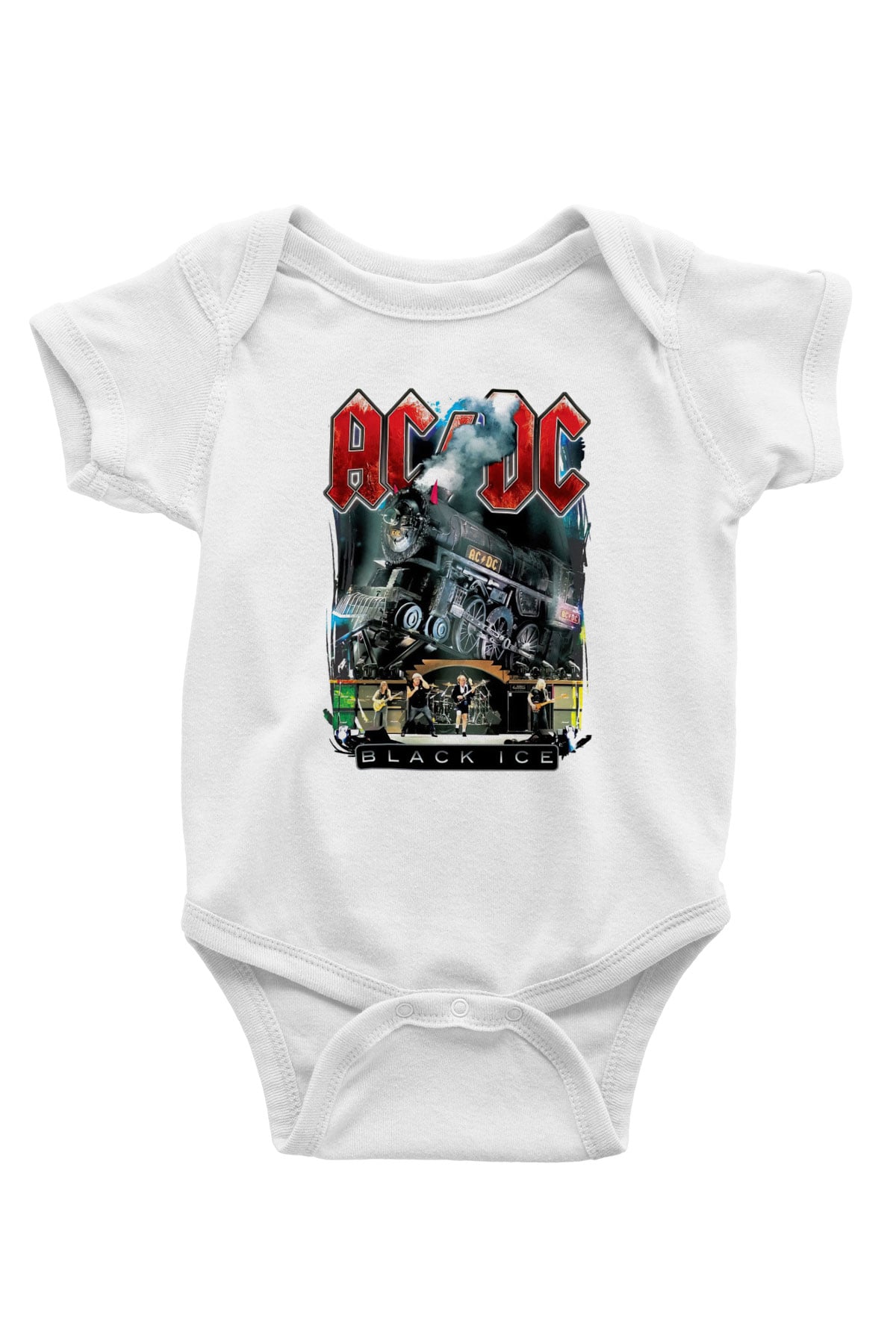 AC DC Black Ice Baskılı Beyaz Unisex Bebek Body - Zıbın