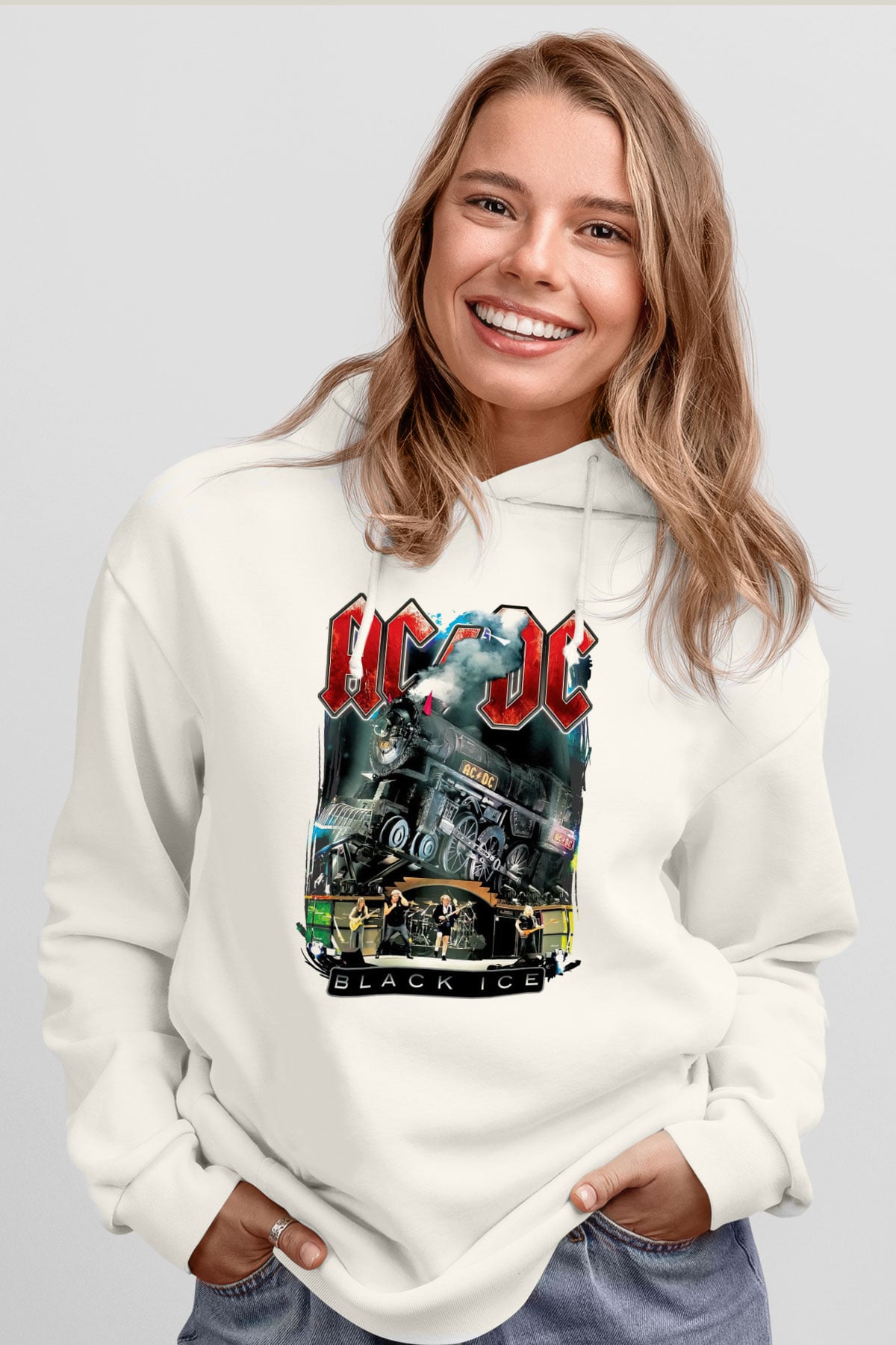 AC DC Black Ice Beyaz Unisex Kapşonlu Sweatshirt