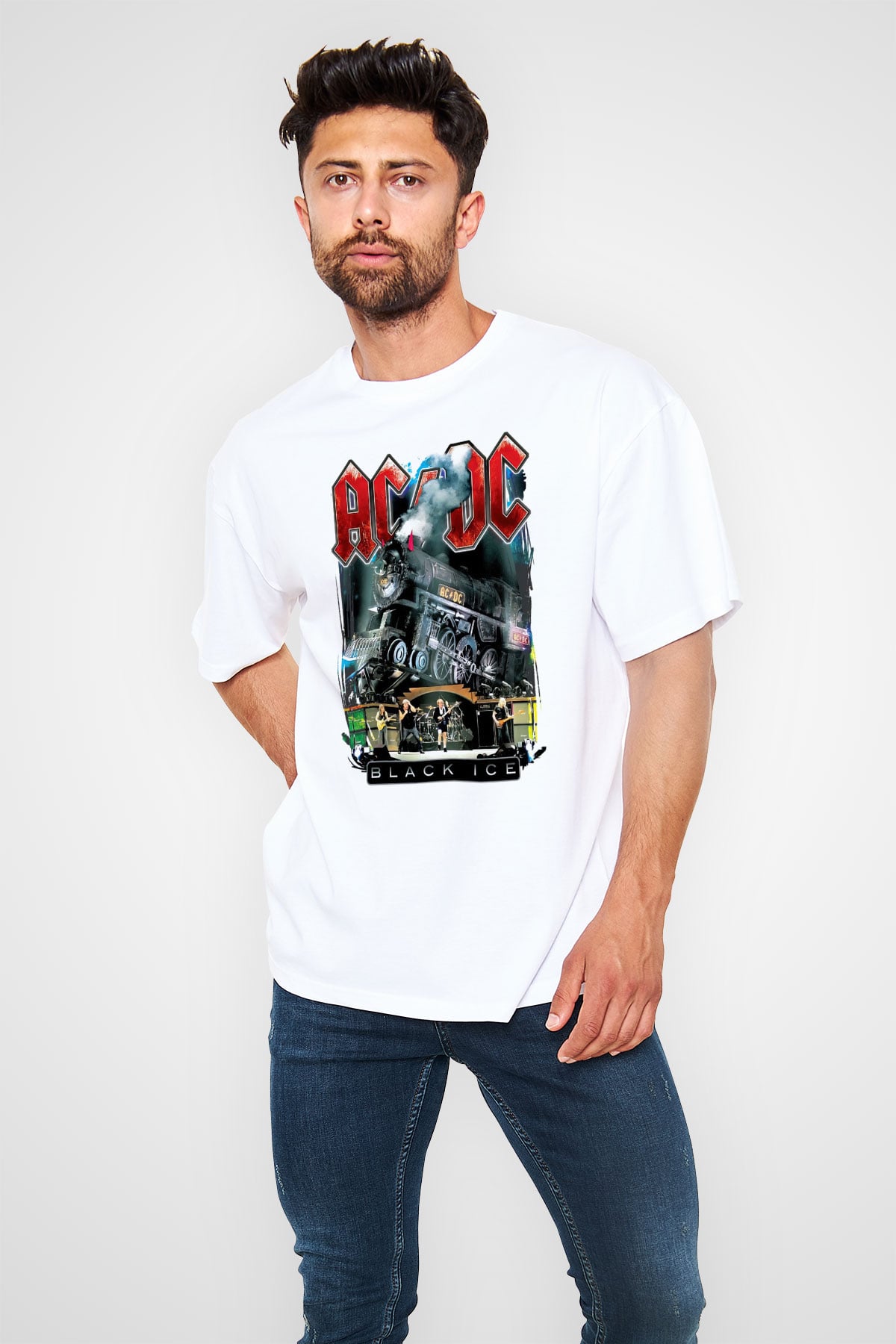 AC DC Black Ice Beyaz Unisex Oversize Tişört T-Shirt