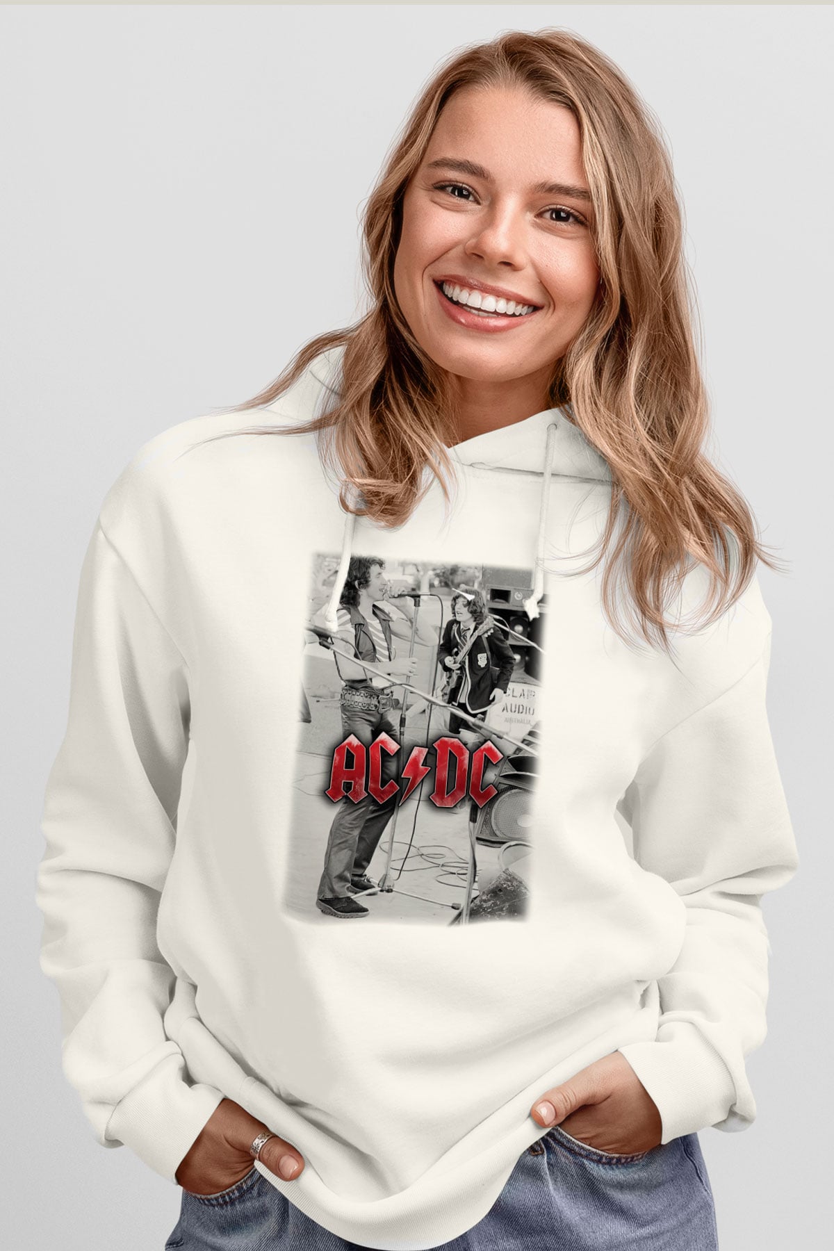 AC DC Brian Johnson Angus Young Beyaz Unisex Kapşonlu Sweatshirt