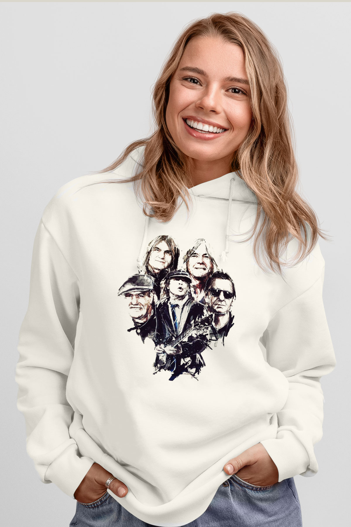 AC DC Group Beyaz Unisex Kapşonlu Sweatshirt