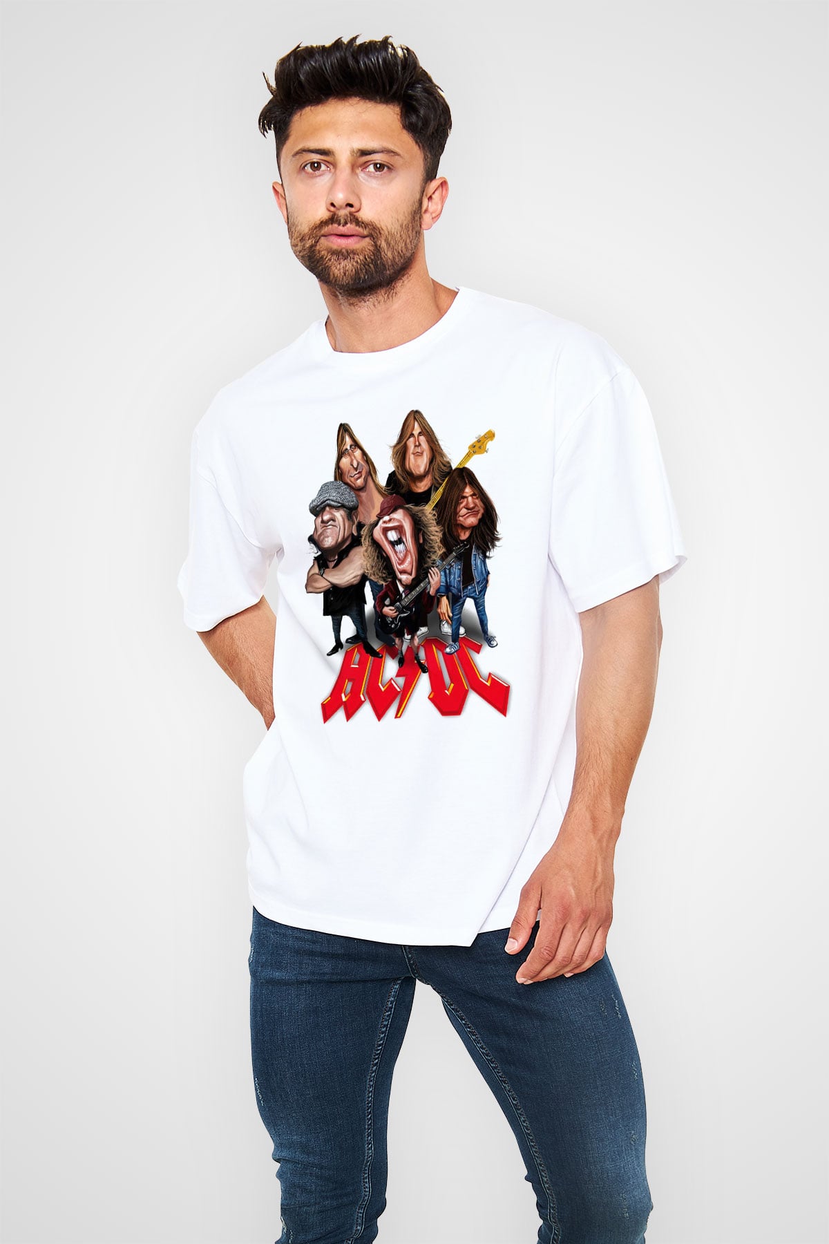 AC DC Group Beyaz Unisex Oversize Tişört T-Shirt