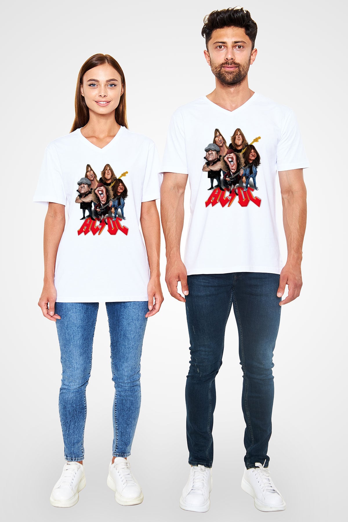 AC DC Group Beyaz Unisex V Yaka Tişört T-Shirt