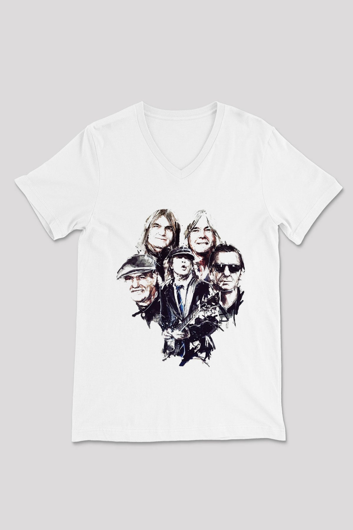 AC DC Group Beyaz Unisex V Yaka Tişört T-Shirt