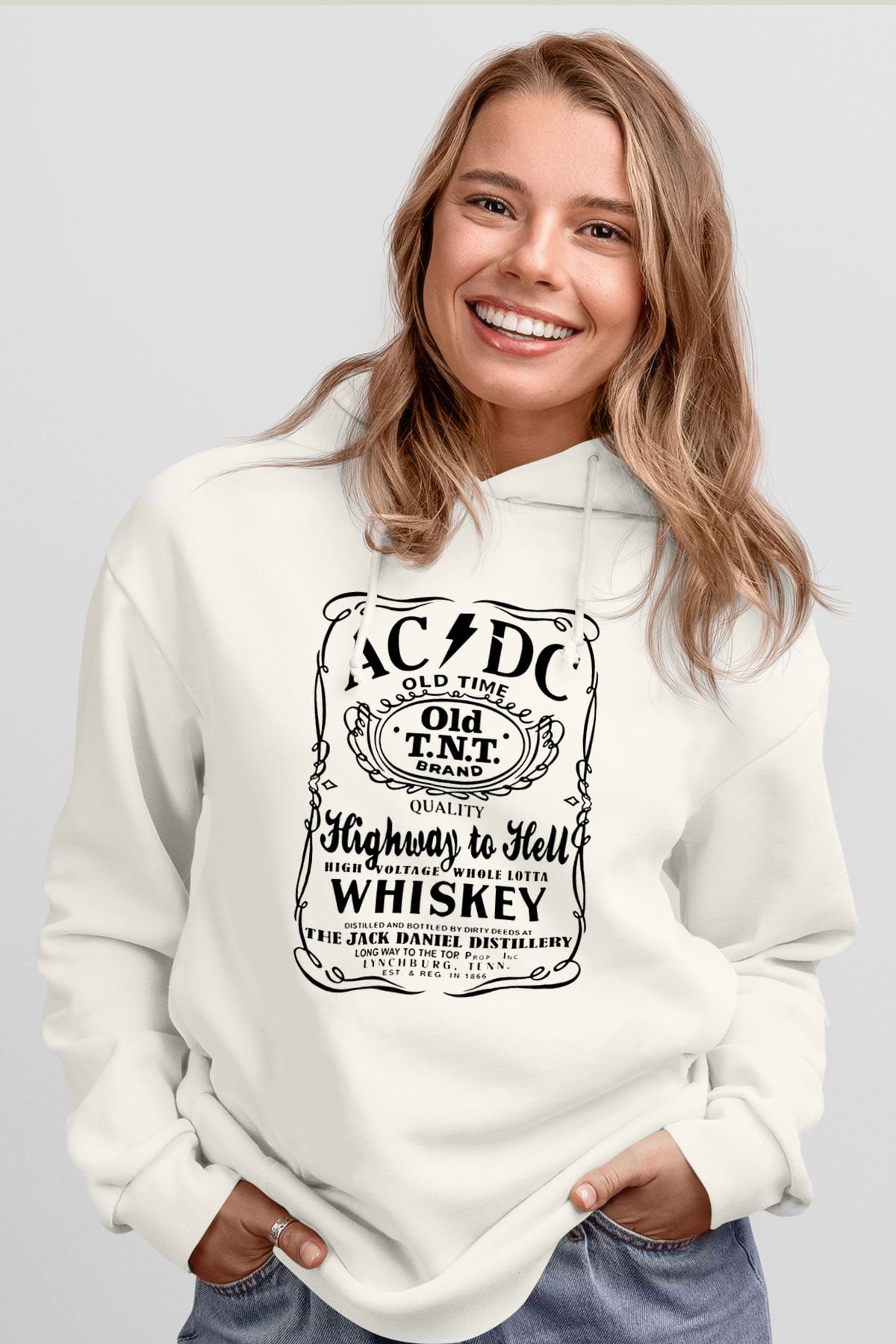 AC DC Highway To Hell Beyaz Unisex Kapşonlu Sweatshirt