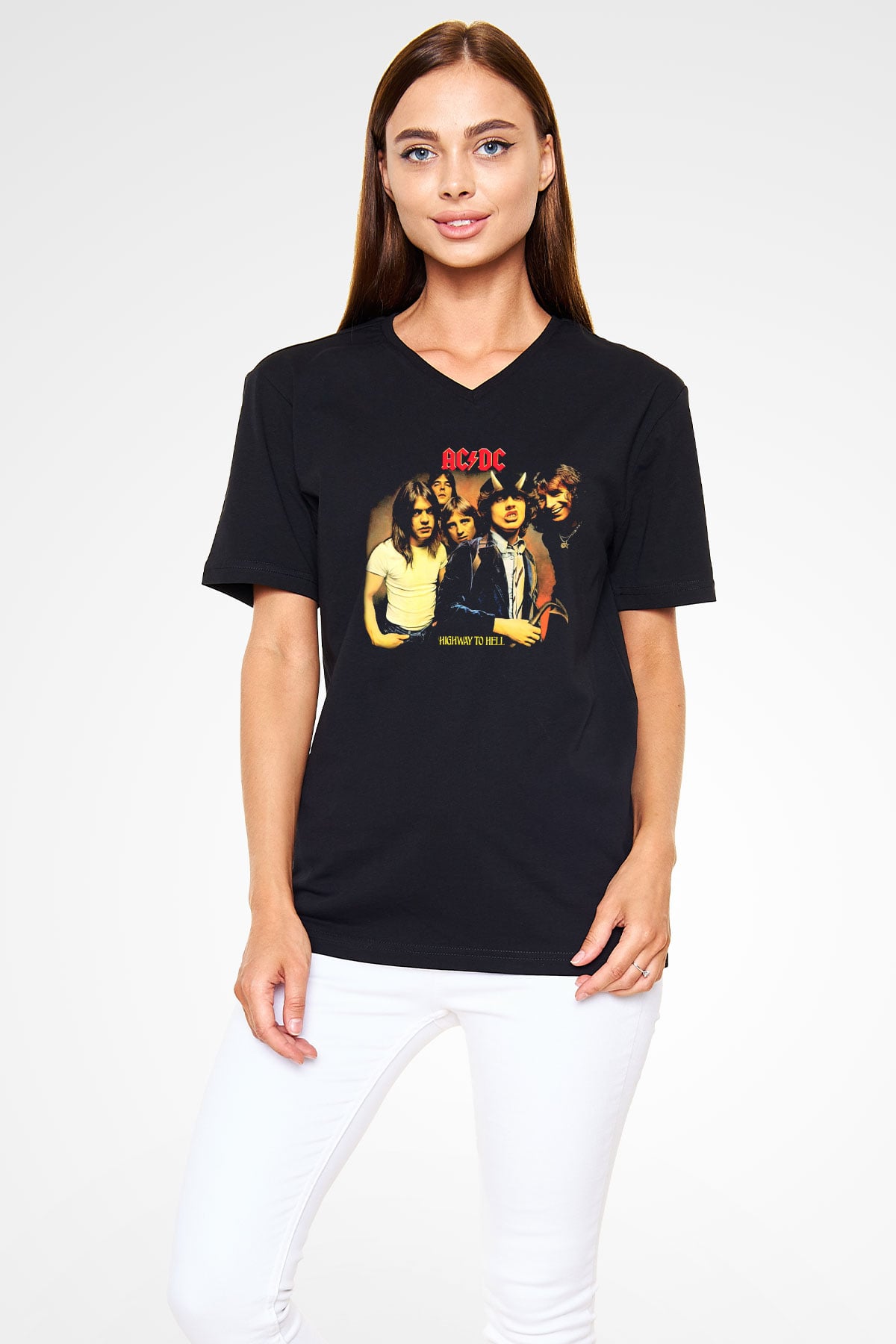 AC DC Highway To Hell Siyah Unisex V Yaka Tişört T-Shirt