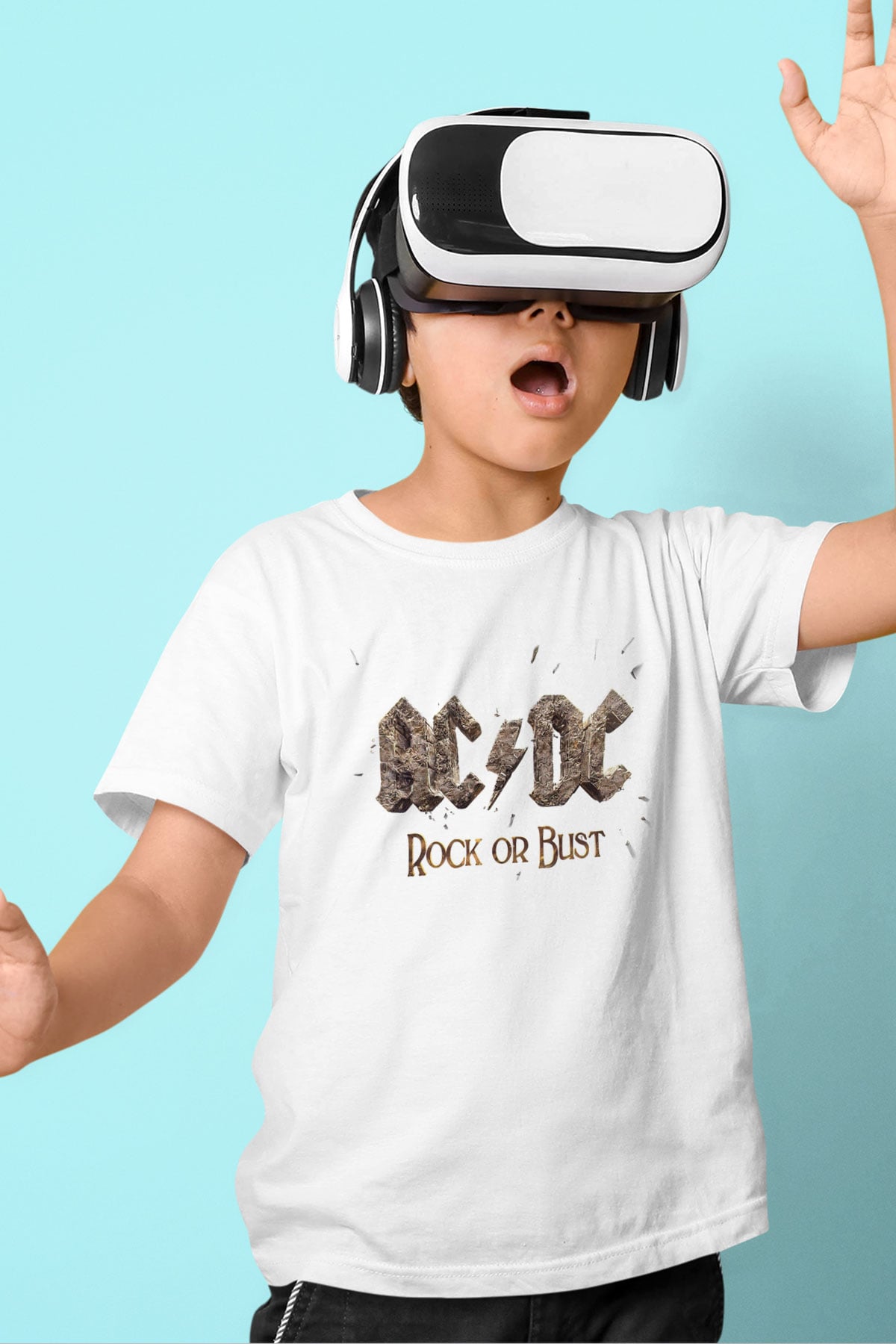 AC DC Rock Or Bust Baskılı Beyaz Unisex Çocuk Tişört