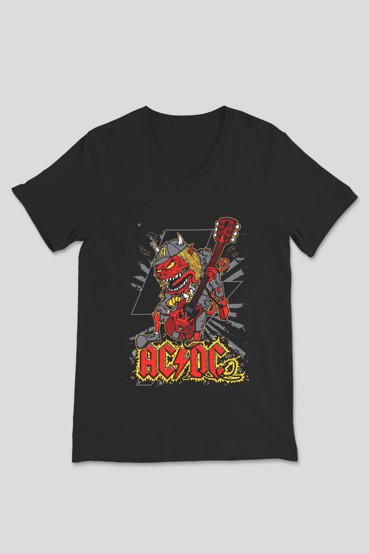 AC DC Siyah Unisex V Yaka Tişört T-Shirt