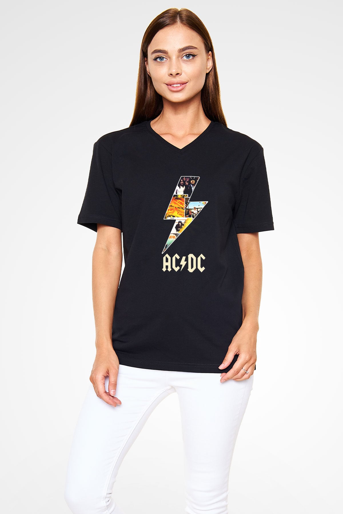 AC DC Thunderbolt Siyah Unisex V Yaka Tişört T-Shirt