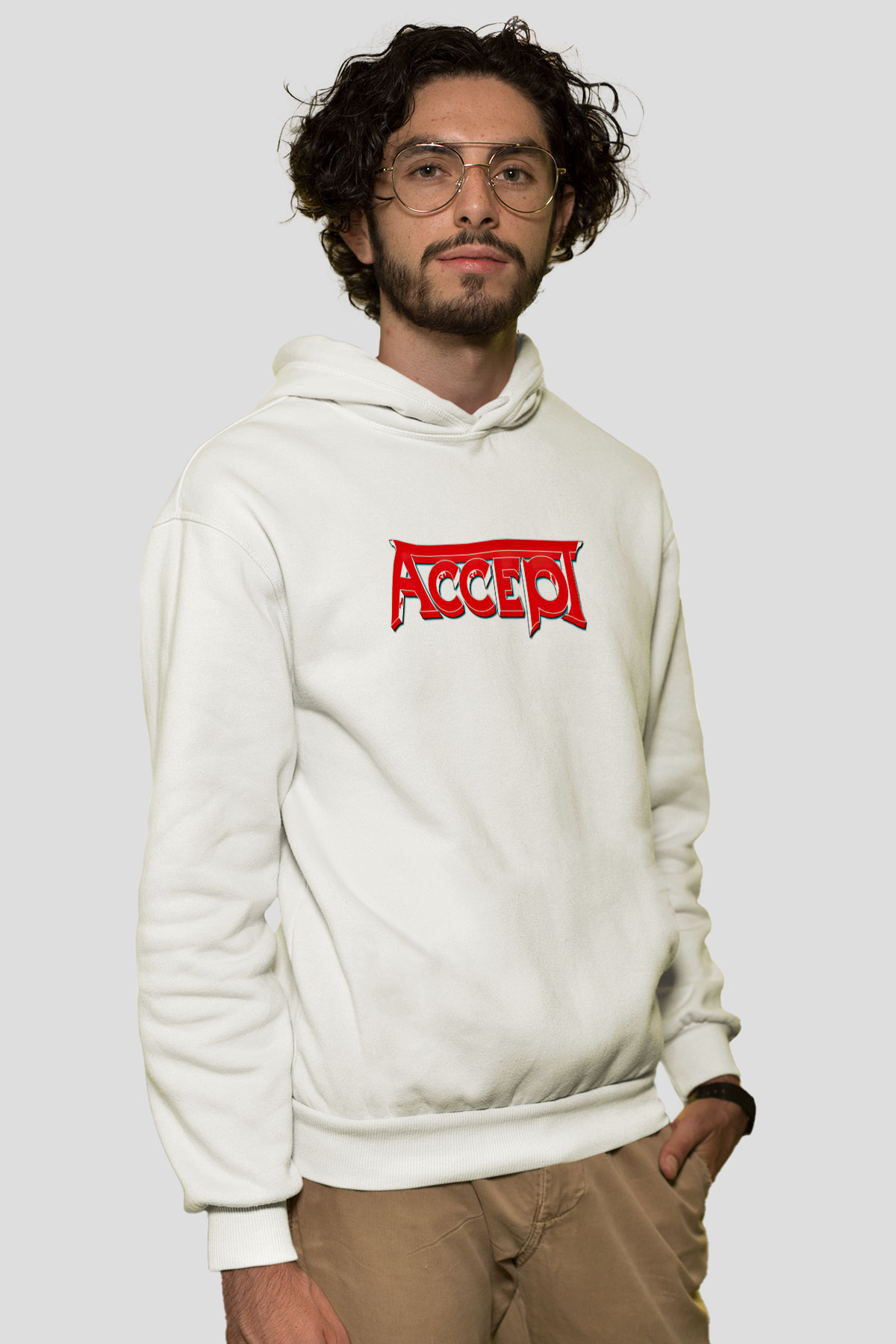 Accept Baskılı Unisex Beyaz Hoodie