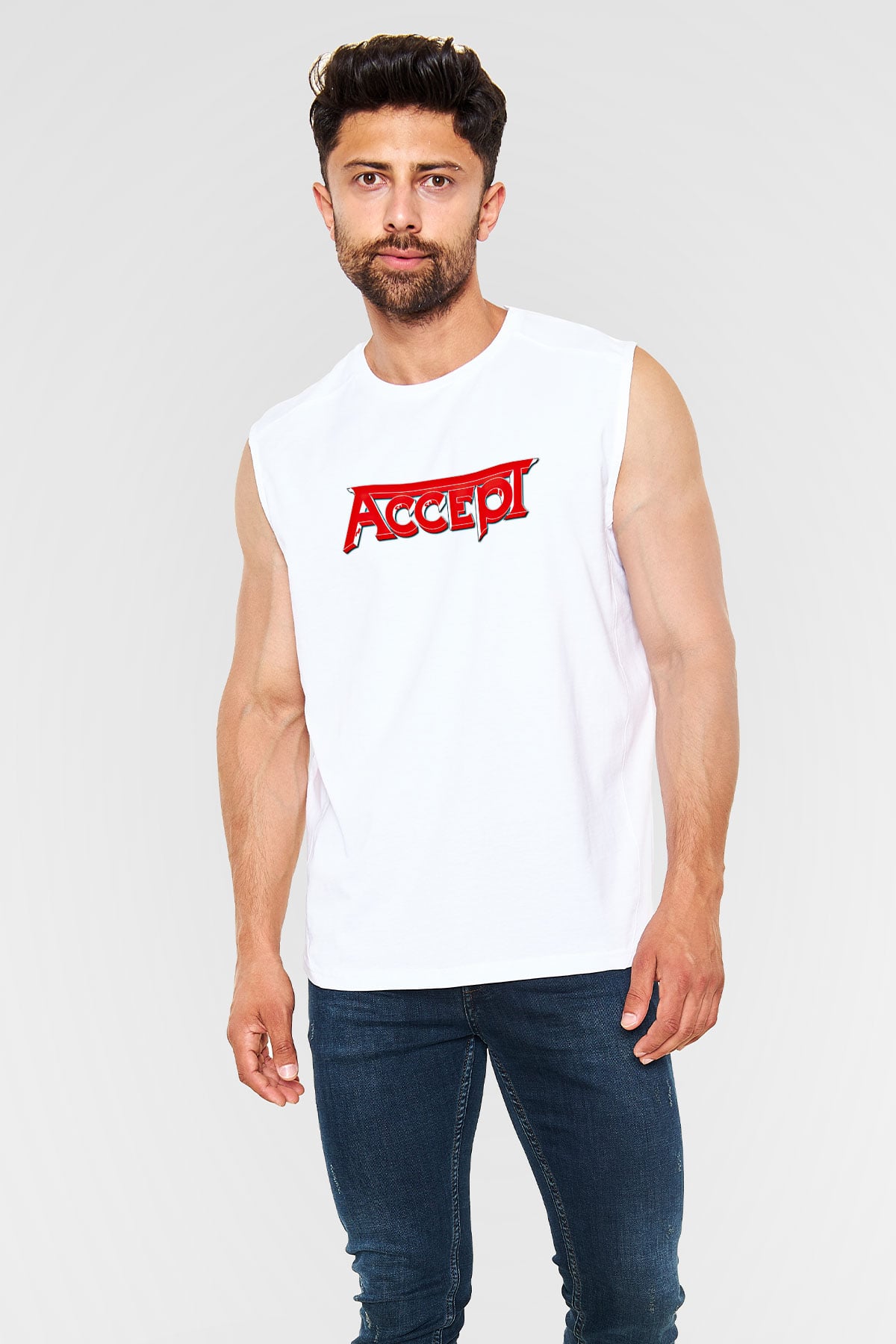Accept Baskılı Unisex Beyaz Kolsuz Tişört