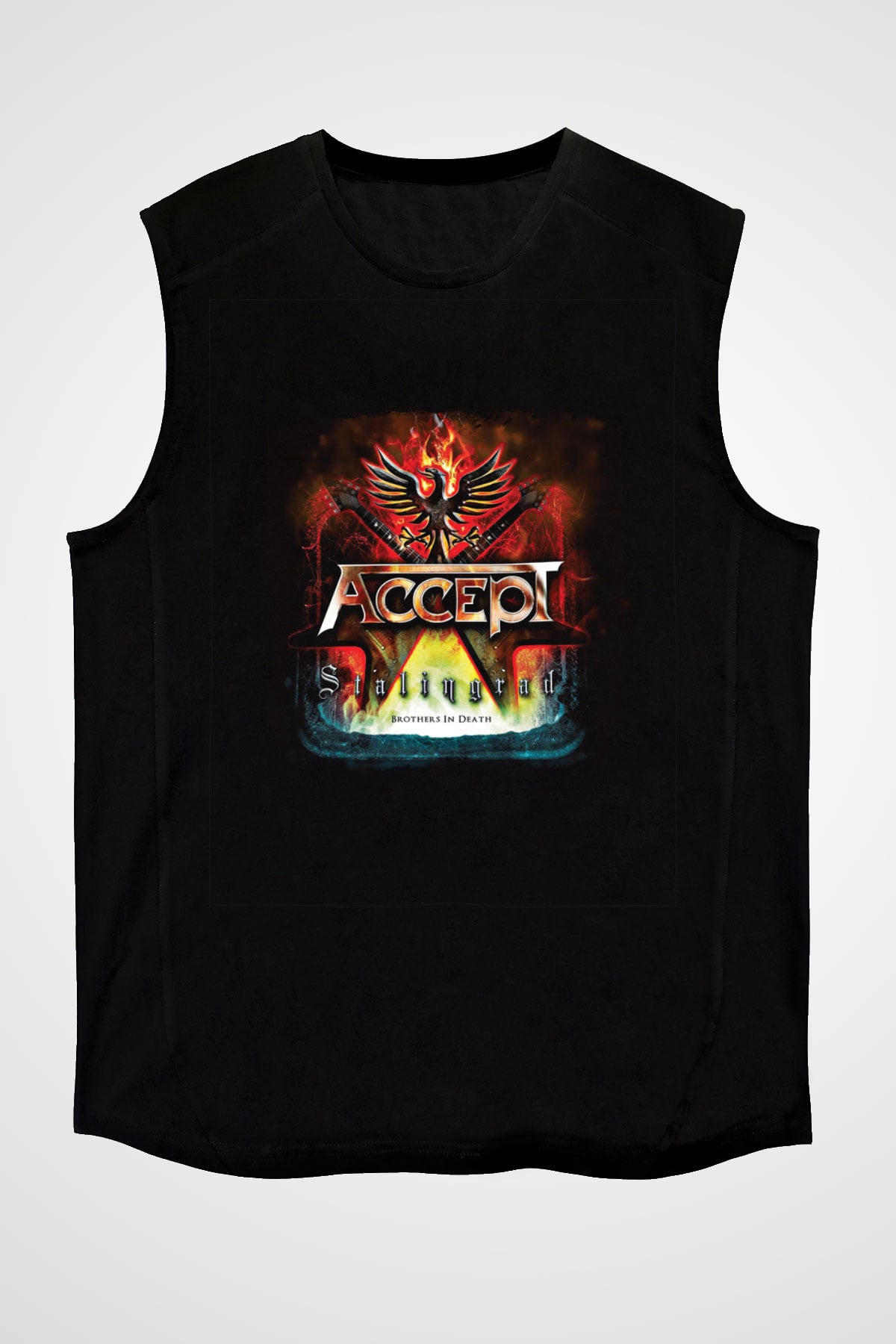 Accept Baskılı Unisex Siyah Kolsuz Tişört