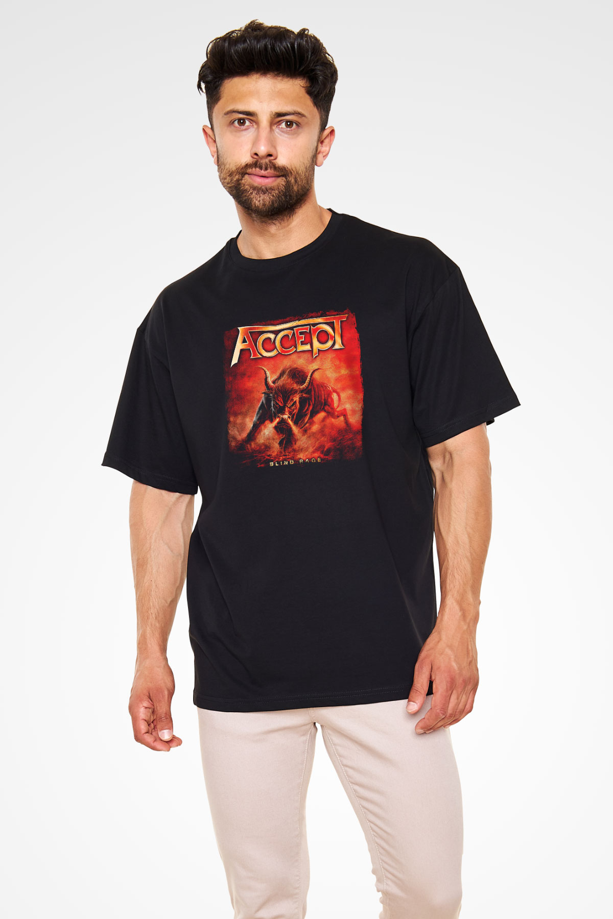 Accept Baskılı Unisex Siyah Oversize Tişört