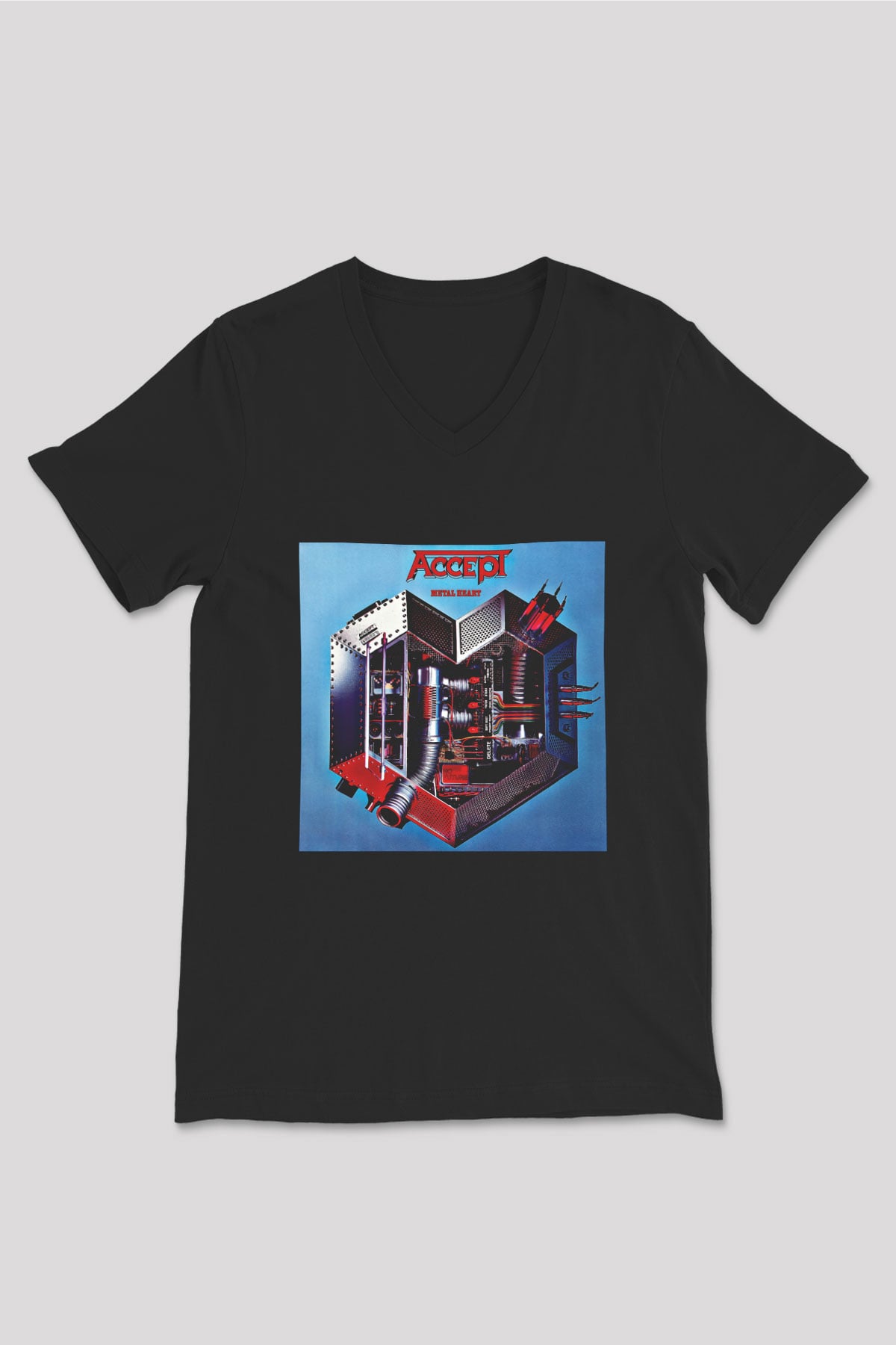 Accept Baskılı Unisex Siyah V Yaka Tişört