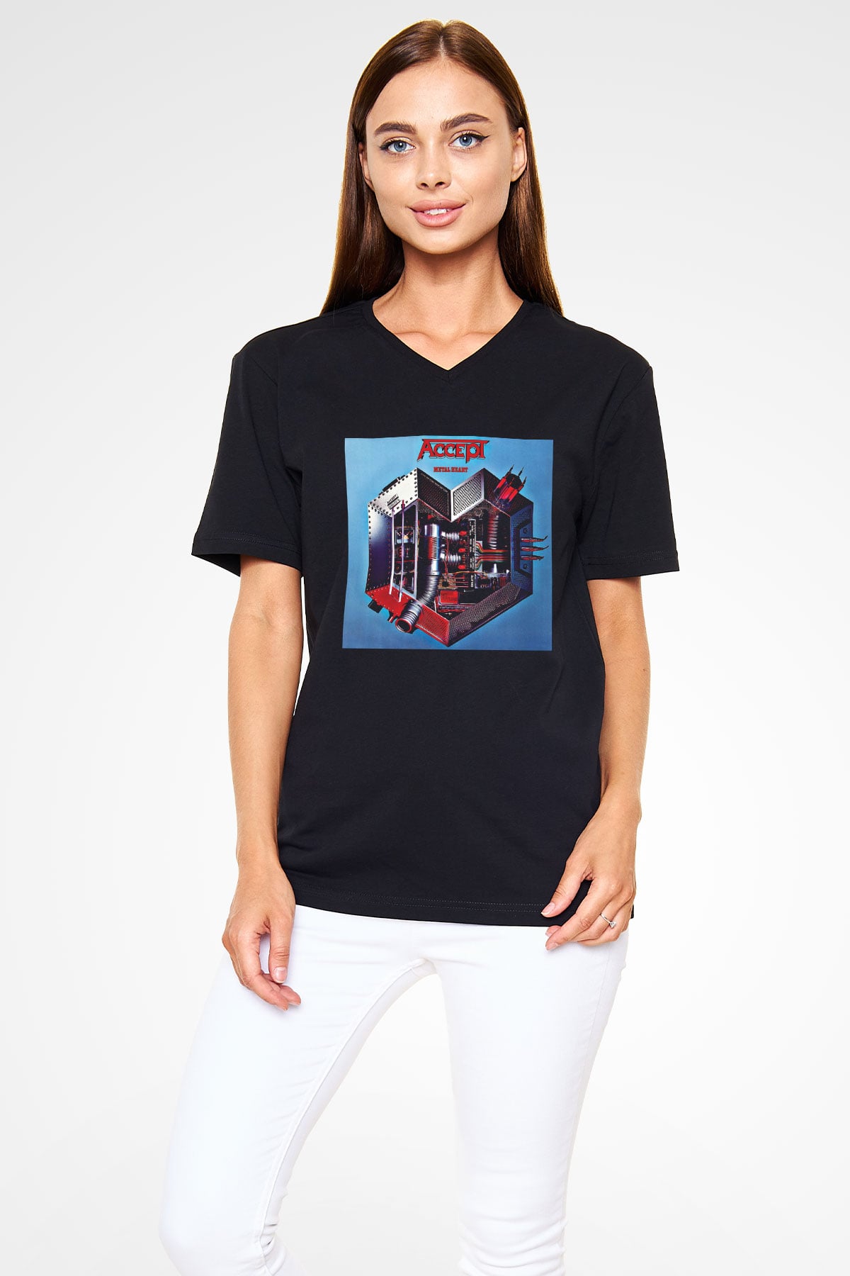 Accept Baskılı Unisex Siyah V Yaka Tişört