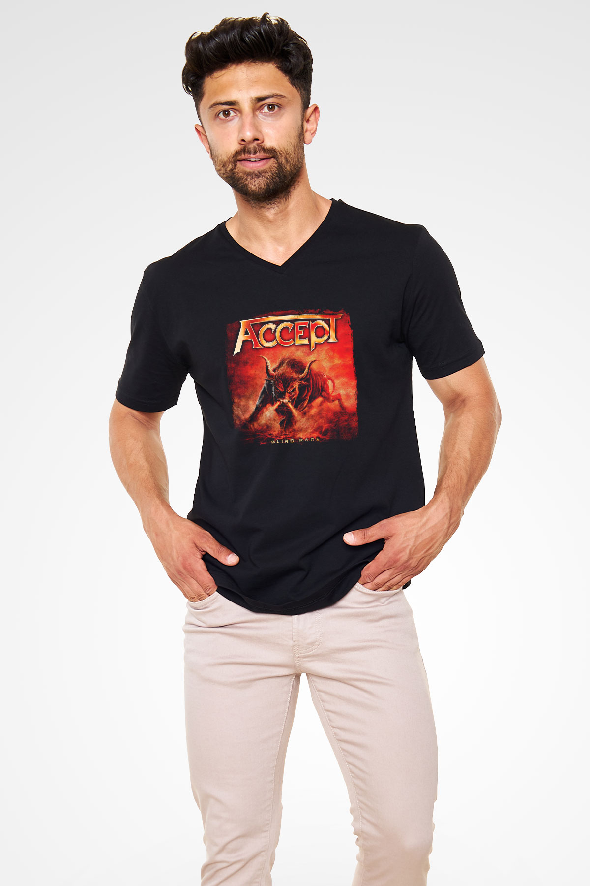 Accept Baskılı Unisex Siyah V Yaka Tişört