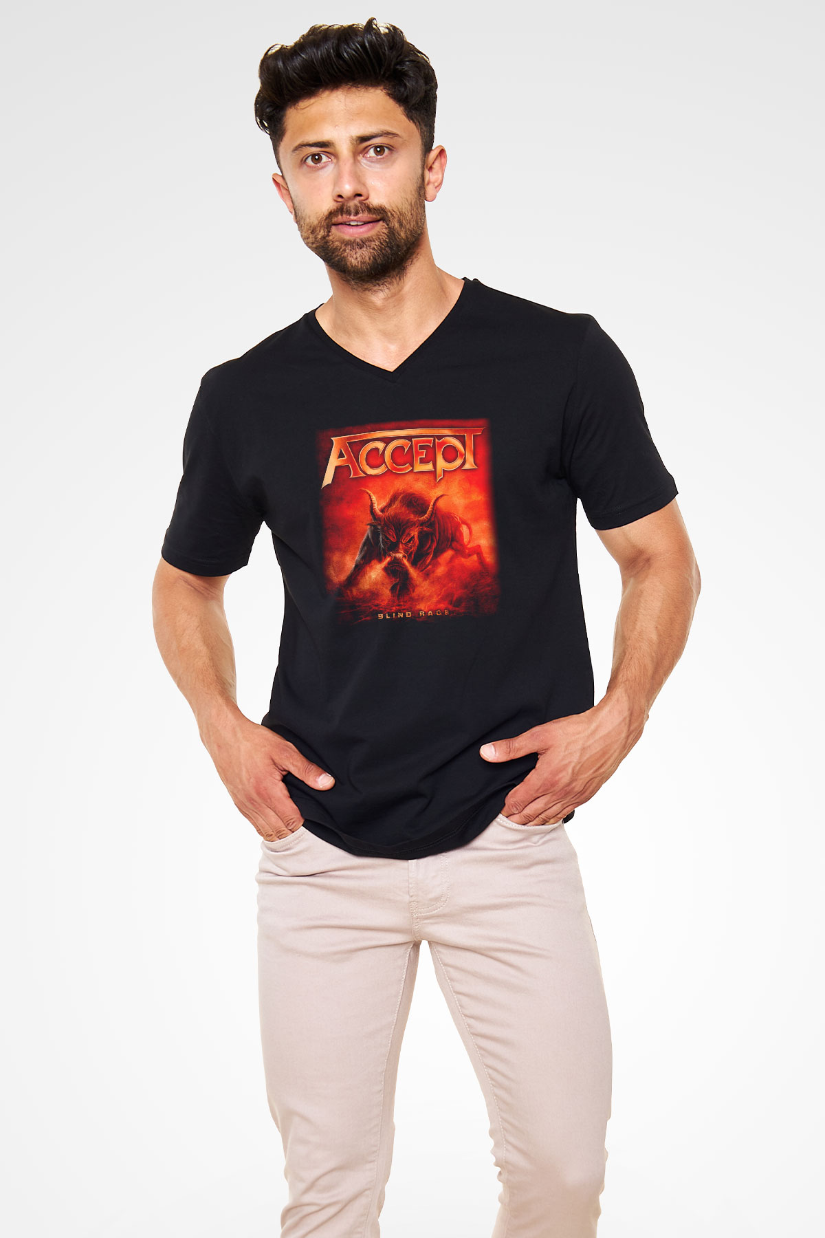 Accept Siyah Unisex V Yaka Tişört T-Shirt