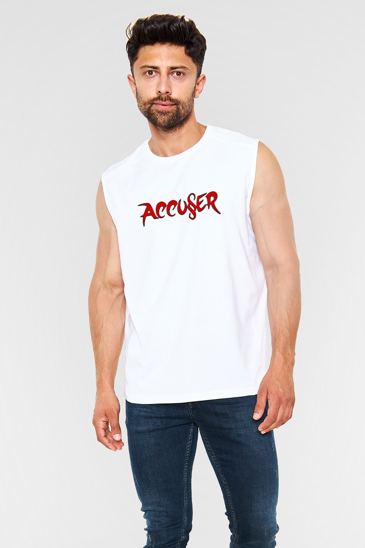 Accuser Baskılı Unisex Beyaz Kolsuz Tişört