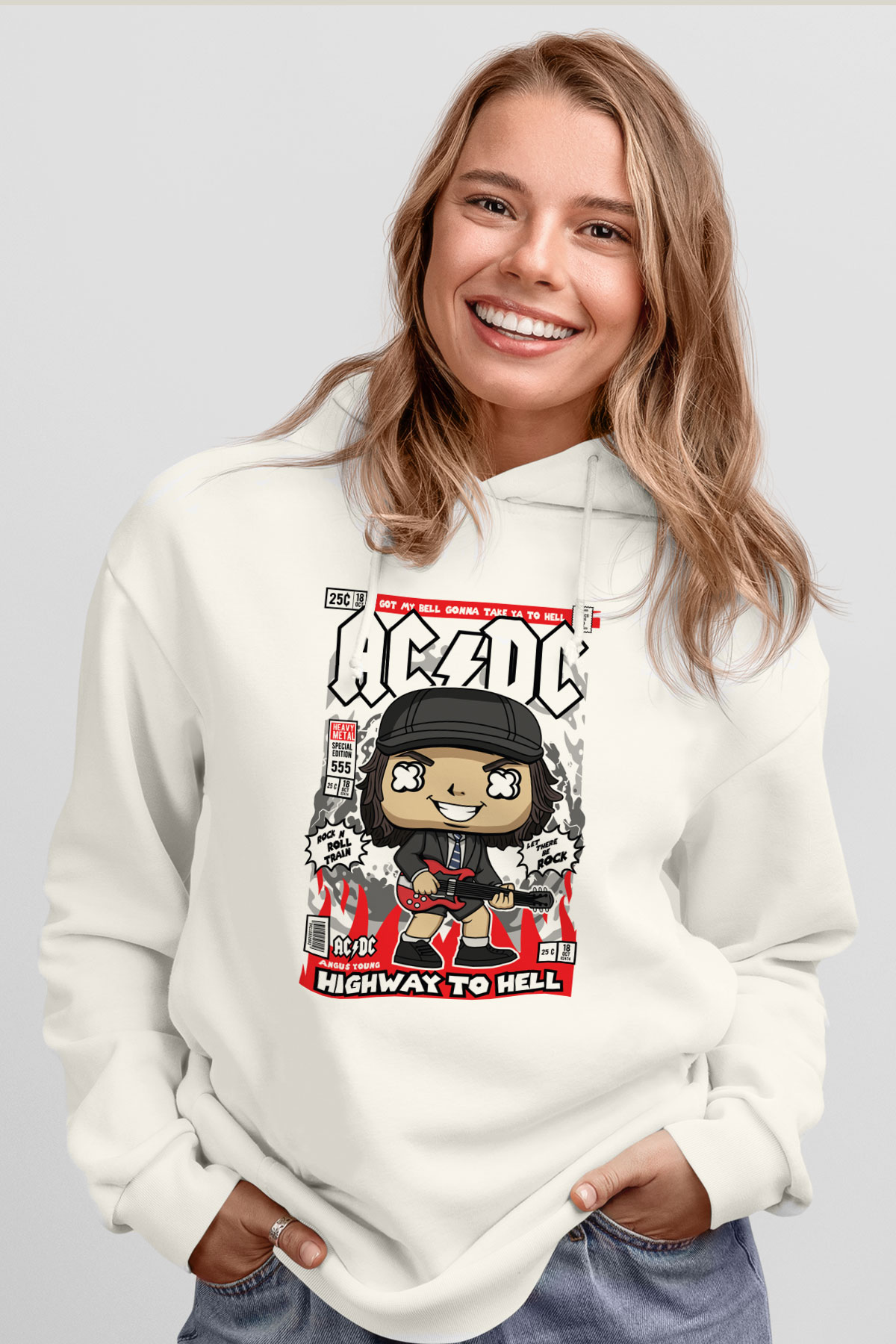 ACDC Baskılı Unisex Beyaz Hoodie