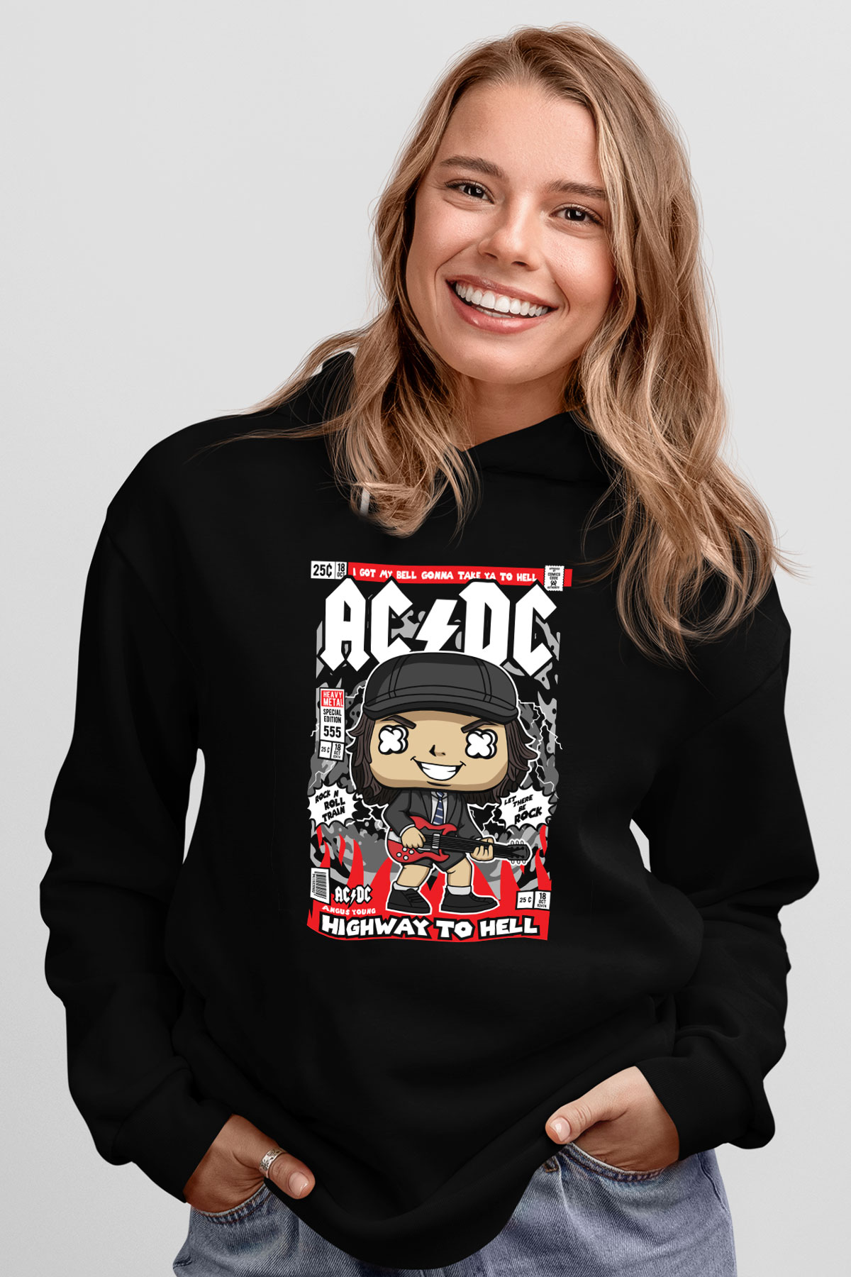 ACDC Baskılı Unisex Siyah Hoodie