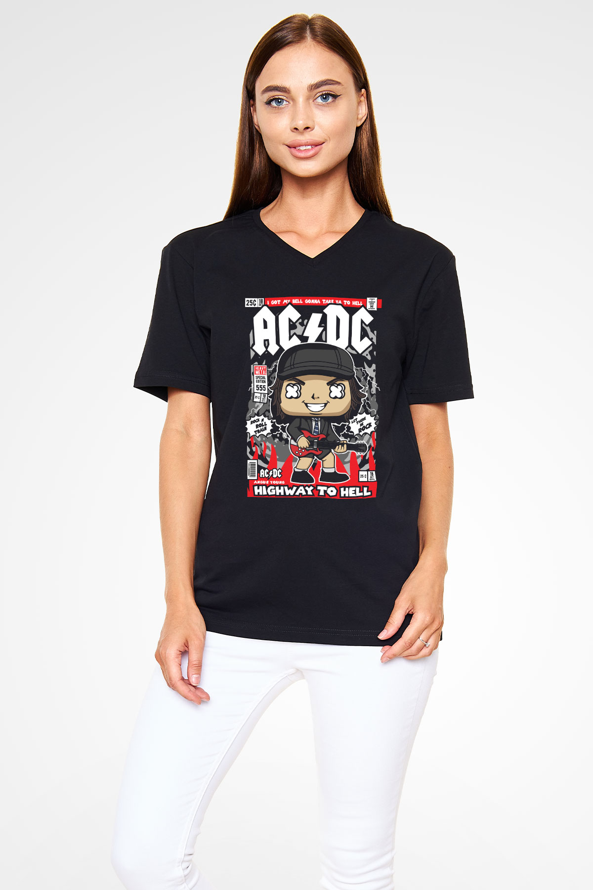 ACDC Baskılı Unisex Siyah V Yaka Tişört