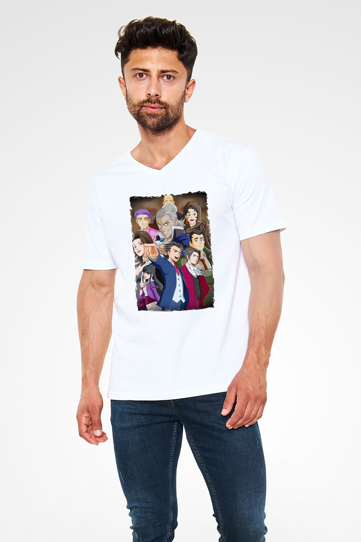 Ace Attorney Beyaz Unisex V Yaka Tişört