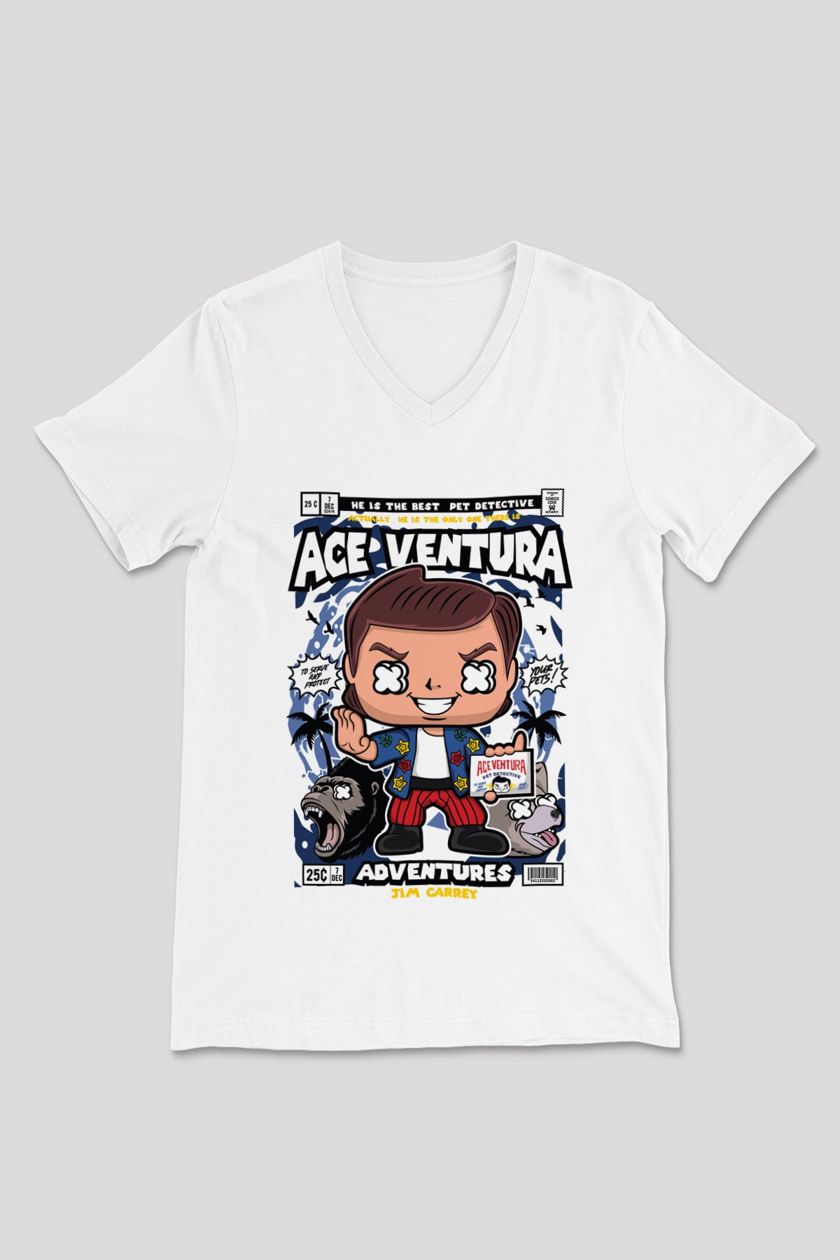 Ace Ventura Baskılı Unisex Beyaz V Yaka Tişört