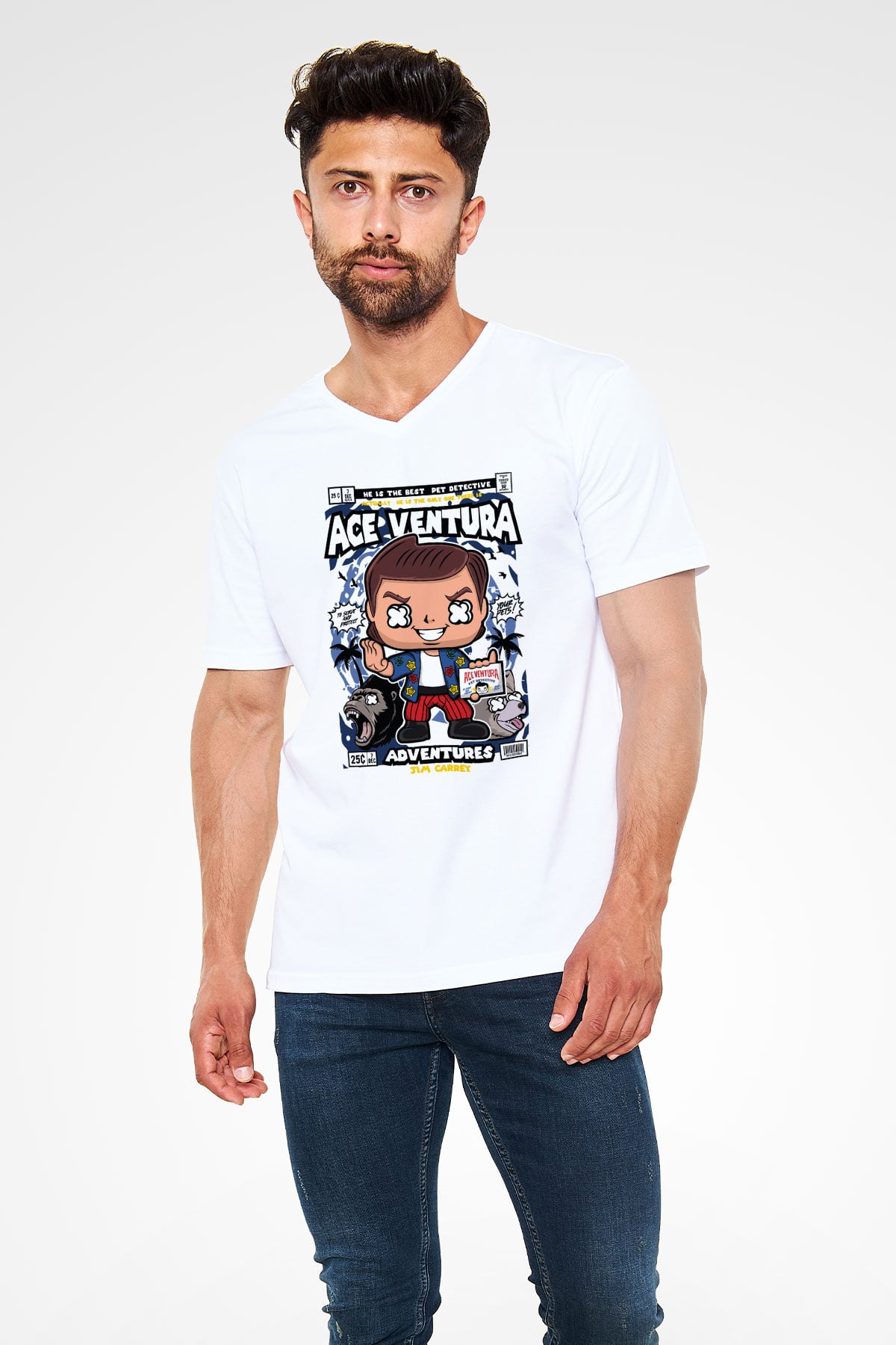 Ace Ventura Baskılı Unisex Beyaz V Yaka Tişört