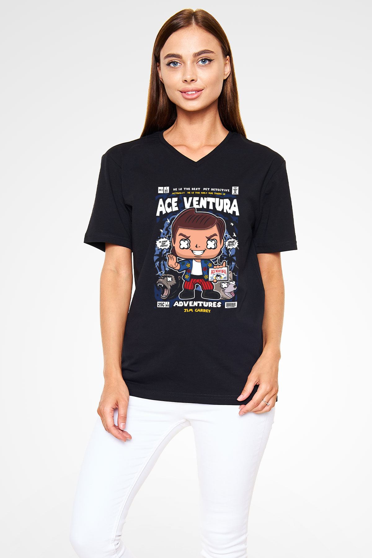 Ace Ventura Baskılı Unisex Siyah V Yaka Tişört